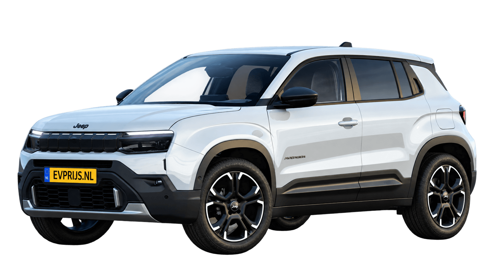 AI-bewerking (Imagegen) van officiële Jeep-configuratorrender: Avenger voor-/zijaanzicht in Snow White (configuratorrender Full Electric Summit, voor-/zijaanzicht); velgen en details kunnen per uitvoering afwijken, beeld 4
