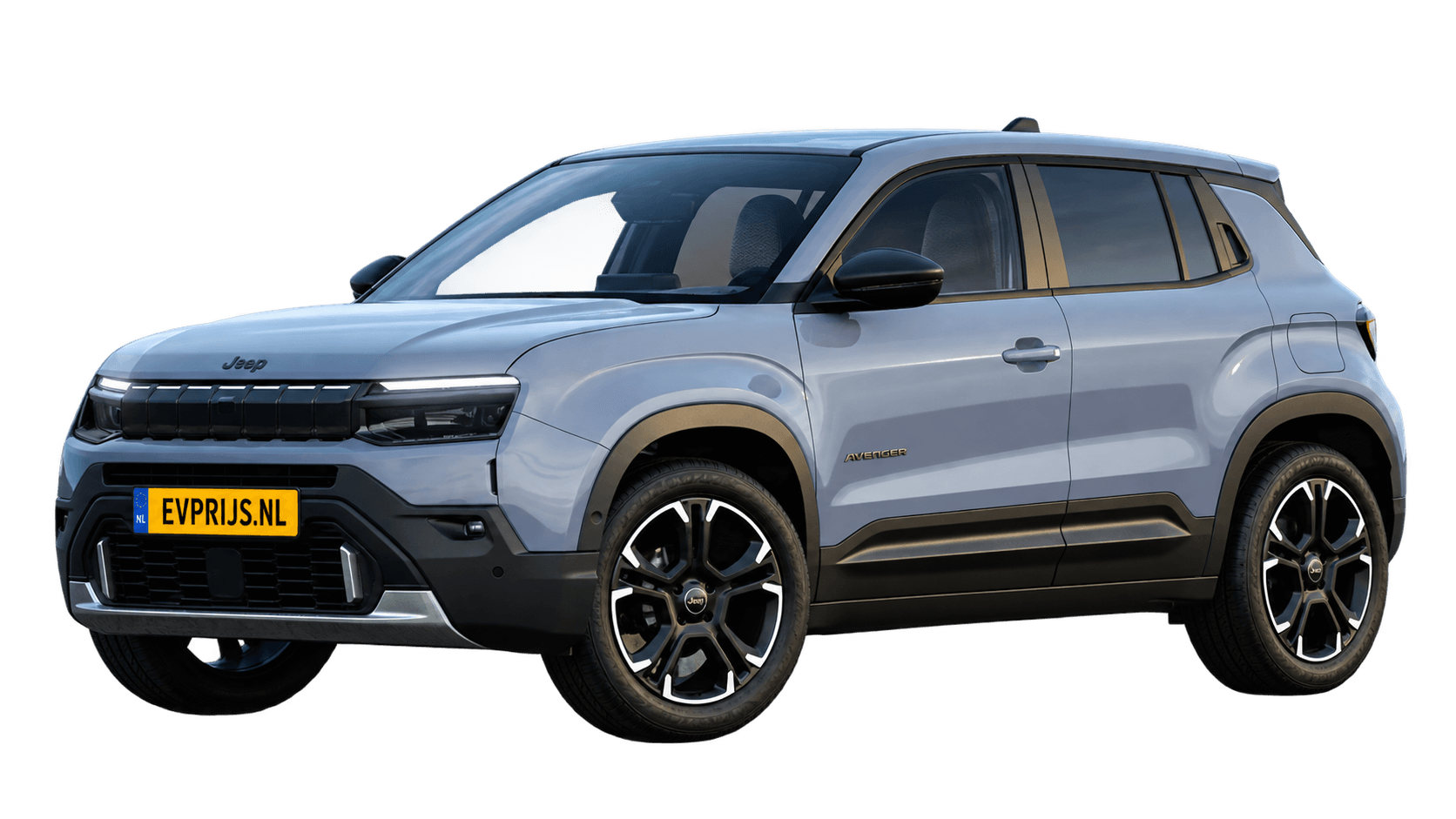 AI-bewerking (Imagegen) van officiële Jeep-configuratorrender: Avenger voor-/zijaanzicht in Storm Grey (configuratorrender Full Electric Summit, voor-/zijaanzicht); velgen en details kunnen per uitvoering afwijken, beeld 5
