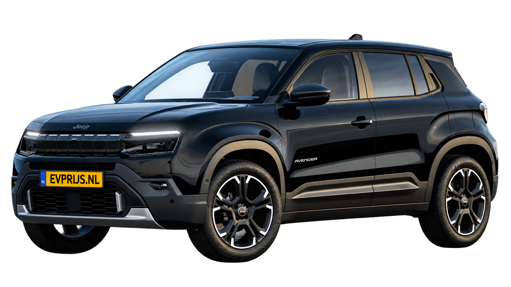 AI-bewerking (Imagegen) van officiële Jeep-configuratorrender: Avenger voor-/zijaanzicht in Volcano Black (configuratorrender Full Electric Summit, voor-/zijaanzicht); velgen en details kunnen per uitvoering afwijken, beeld 6