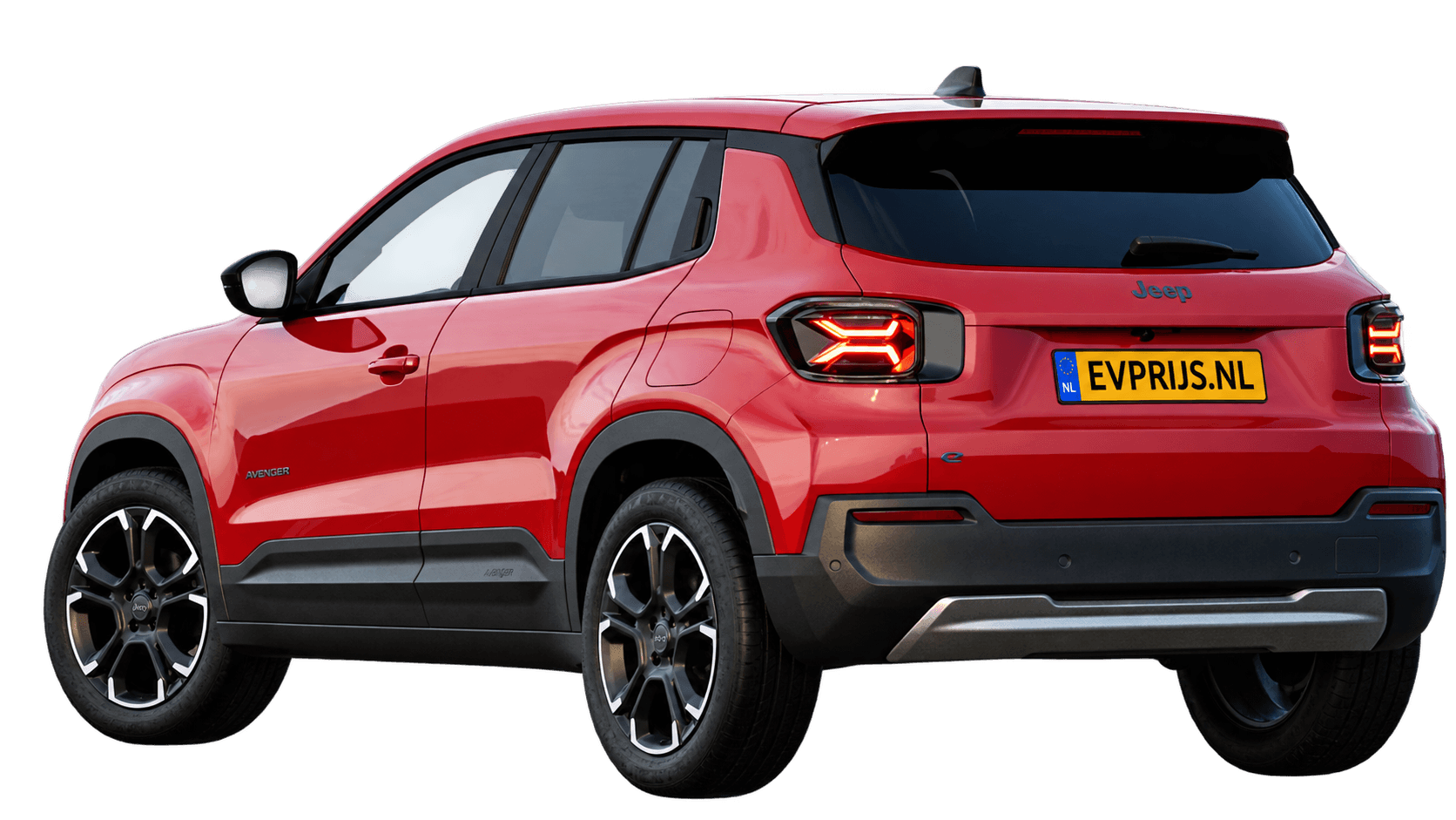 AI-bewerking (Imagegen) van officiële Jeep-configuratorrender: Avenger achter-/zijaanzicht in Ruby Red (configuratorrender Full Electric Summit, achter-/zijaanzicht); velgen en details kunnen per uitvoering afwijken, beeld 2