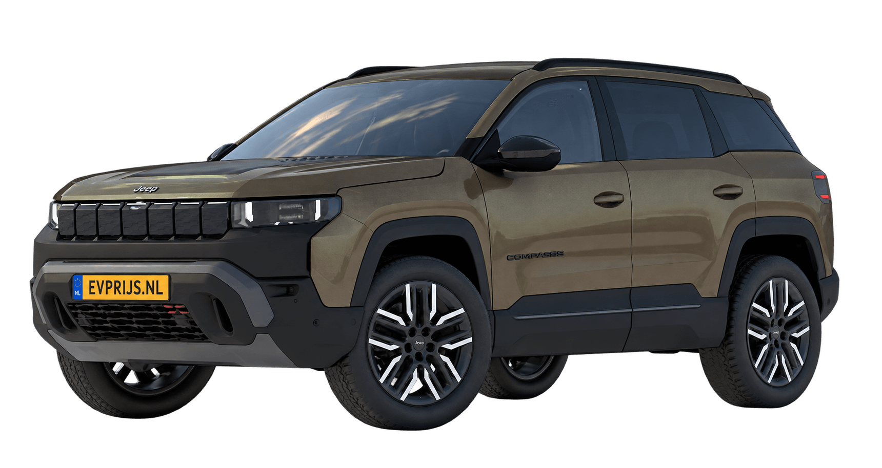 AI-bewerking (Imagegen) van officiële Jeep-configuratorrender: Compass 4xe voor-/zijaanzicht in Amazonia (configuratorrender 4xe Overland, voor-/zijaanzicht); velgen en details kunnen per uitvoering afwijken, beeld 4