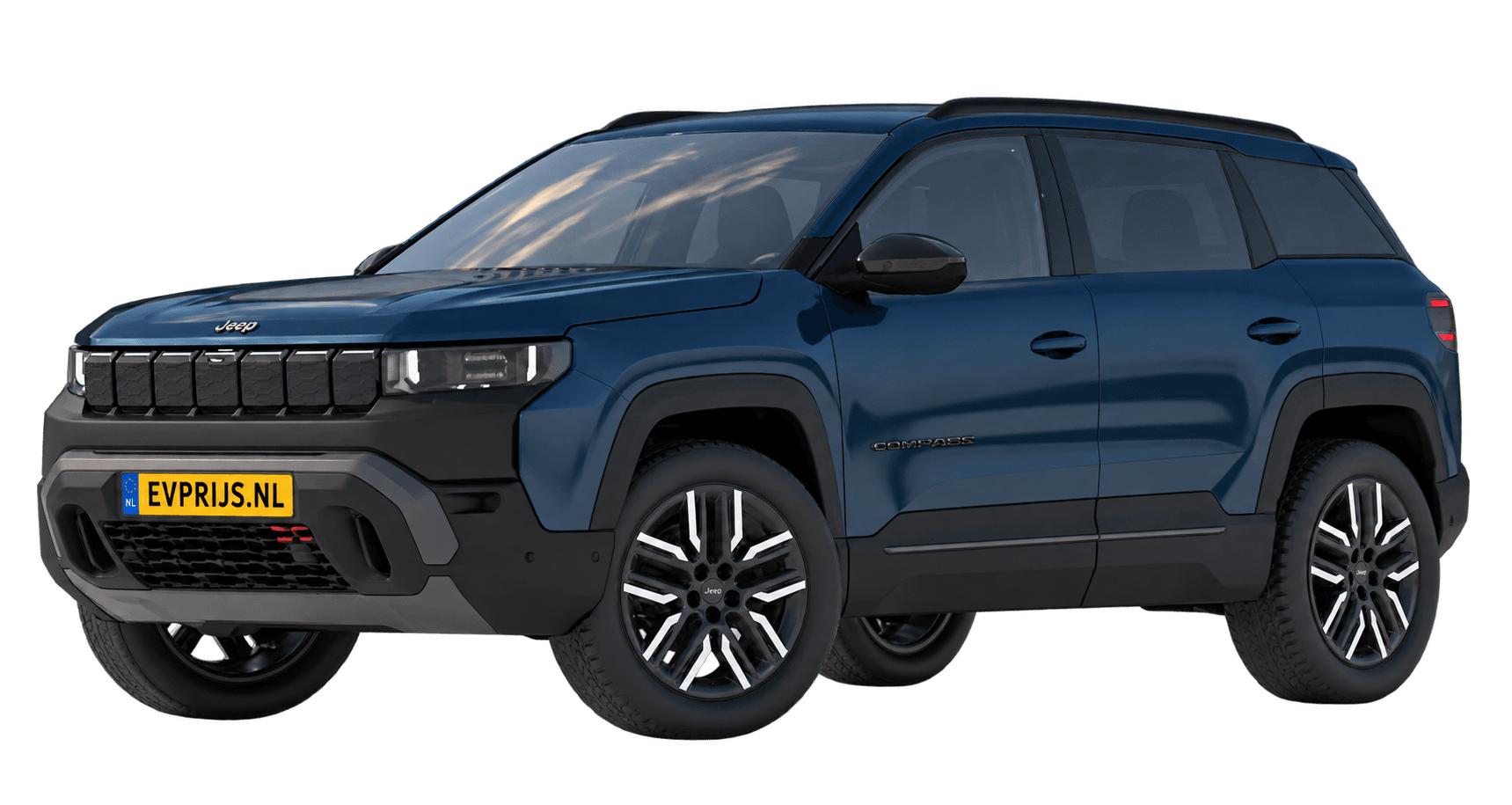 AI-bewerking (Imagegen) van officiële Jeep-configuratorrender: Compass 4xe voor-/zijaanzicht in Pacific (configuratorrender 4xe Overland, voor-/zijaanzicht); velgen en details kunnen per uitvoering afwijken, beeld 6