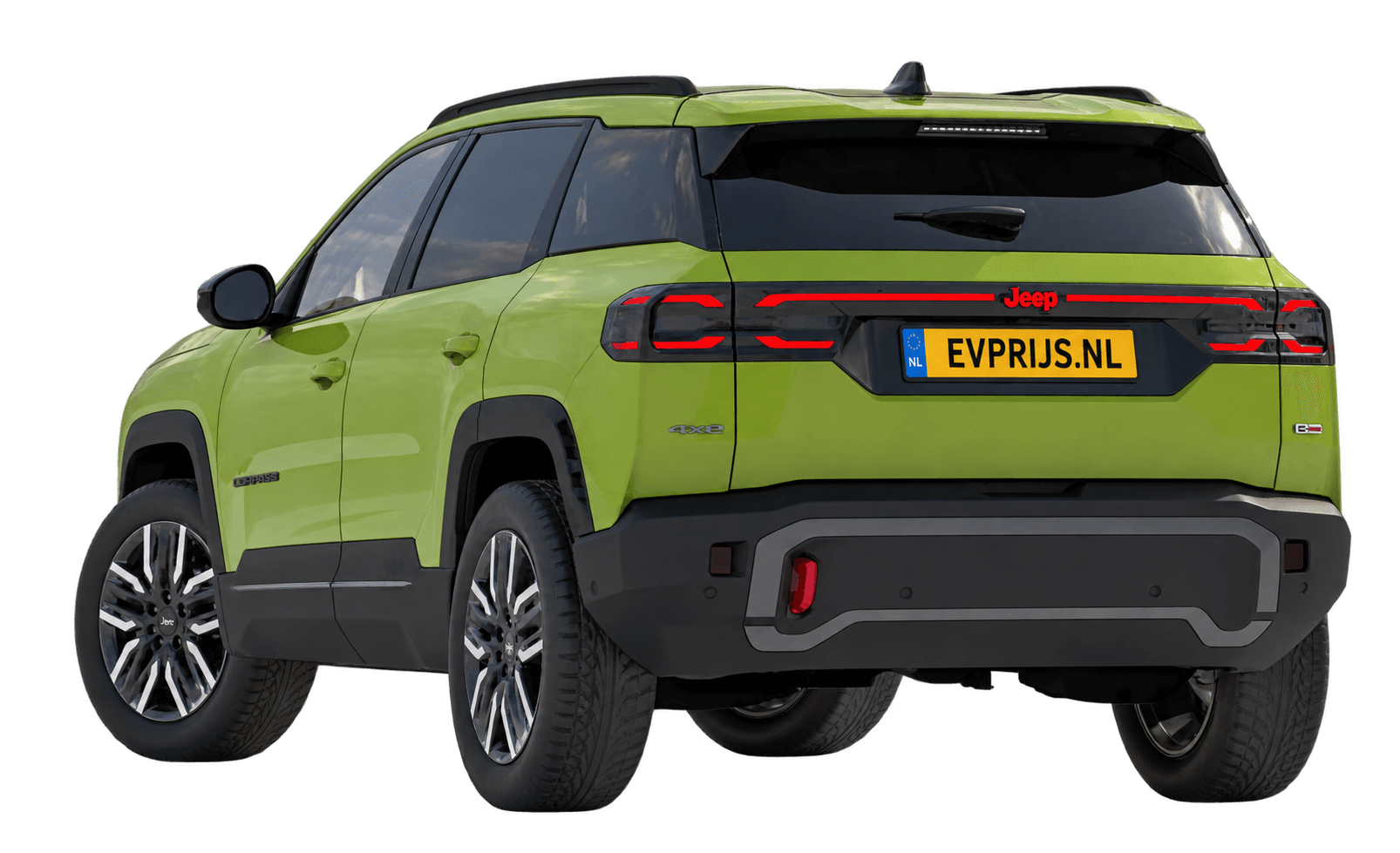 AI-bewerking (Imagegen) van officiële Jeep-configuratorrender: Compass 4xe achter-/zijaanzicht in Hawaii (configuratorrender 4xe Overland, achter-/zijaanzicht); velgen en details kunnen per uitvoering afwijken, beeld 2