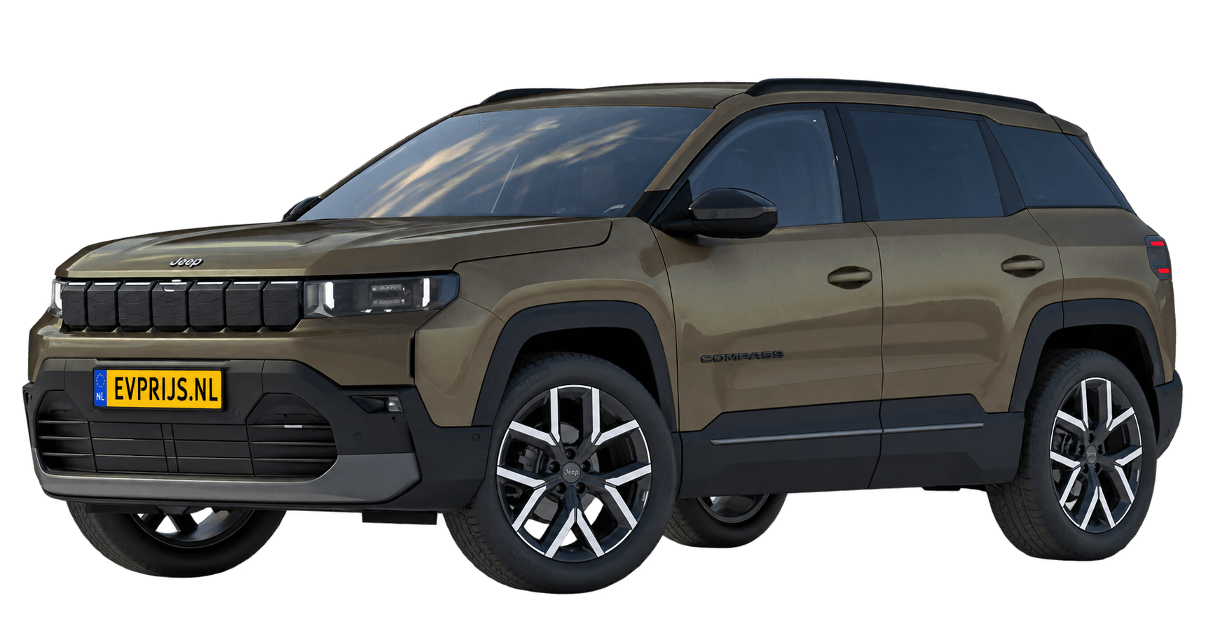 AI-bewerking (Imagegen) van officiële Jeep-configuratorrender: Compass voor-/zijaanzicht in Amazonia (configuratorrender Full Electric Summit, voor-/zijaanzicht); velgen en details kunnen per uitvoering afwijken, beeld 4