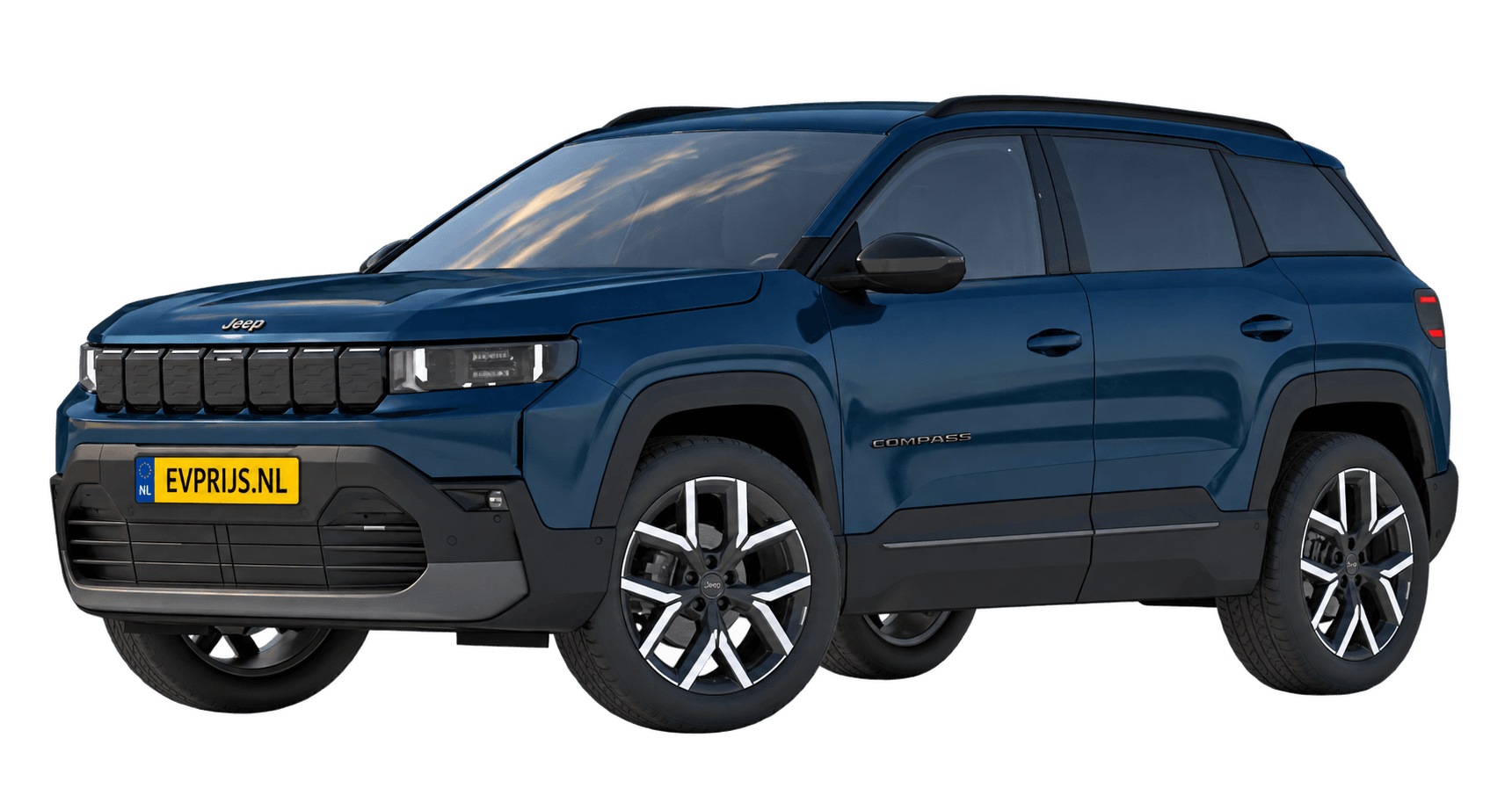 AI-bewerking (Imagegen) van officiële Jeep-configuratorrender: Compass voor-/zijaanzicht in Pacific (configuratorrender Full Electric Summit, voor-/zijaanzicht); velgen en details kunnen per uitvoering afwijken, beeld 6