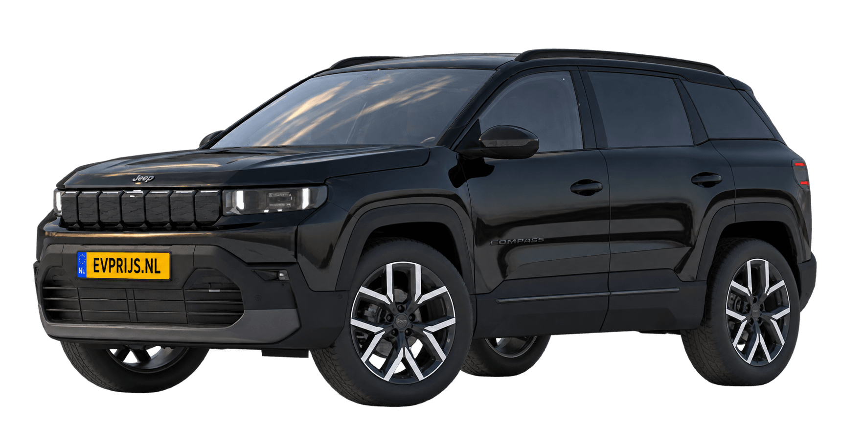 AI-bewerking (Imagegen) van officiële Jeep-configuratorrender: Compass voor-/zijaanzicht in Vulcano (configuratorrender Full Electric Summit, voor-/zijaanzicht); velgen en details kunnen per uitvoering afwijken, beeld 7