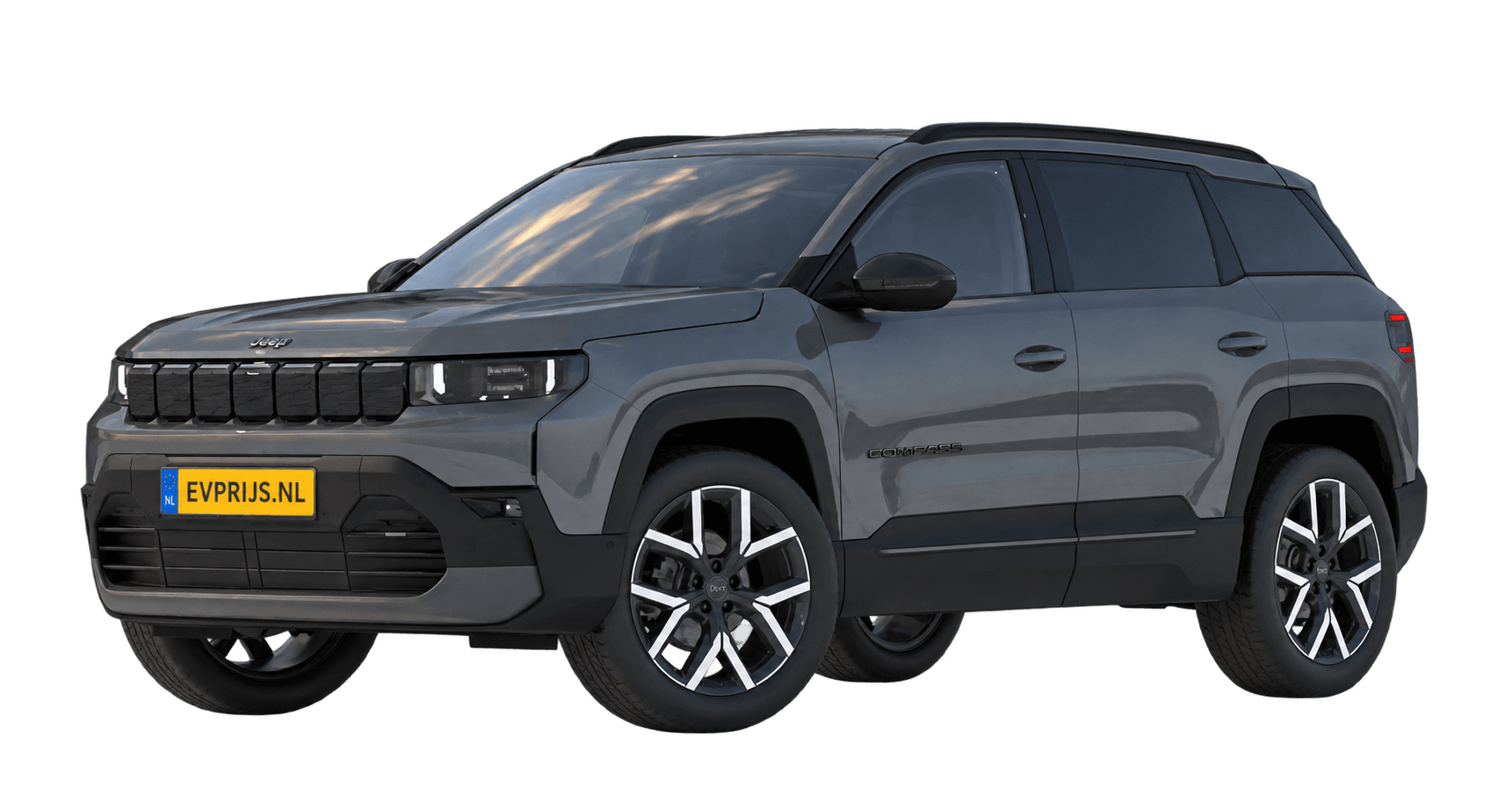 AI-bewerking (Imagegen) van officiële Jeep-configuratorrender: Compass voor-/zijaanzicht in Yosemite (configuratorrender Full Electric Summit, voor-/zijaanzicht); velgen en details kunnen per uitvoering afwijken, beeld 8