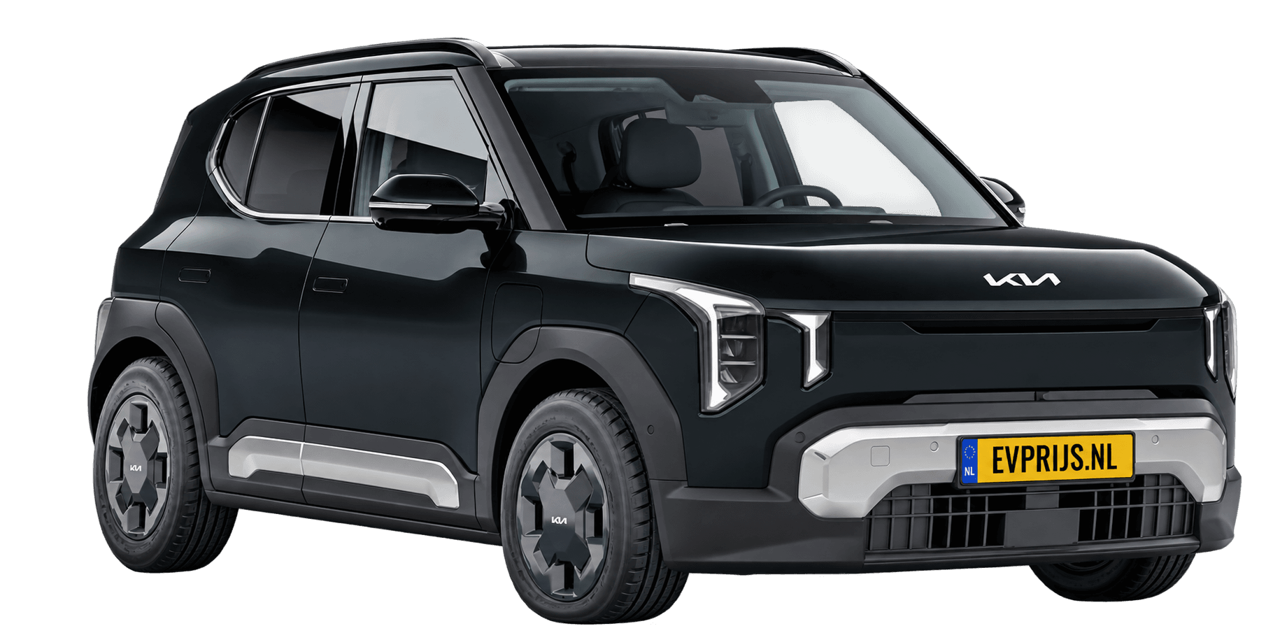 Kia EV2 in Black Pearl: Nederlands Kia-kleurbeeld (Earth, 16" velgen); AI-bewerking (vrijstaand); lak exact, uitvoering en velgen kunnen afwijken, beeld 9