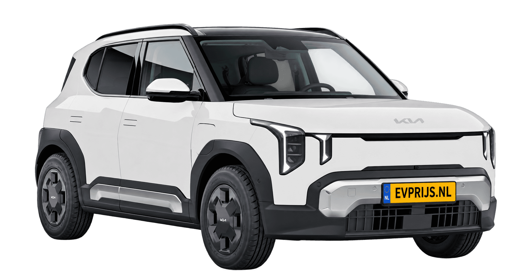 Kia EV2 in Casa White: Nederlands Kia-kleurbeeld (Earth, 16" velgen); AI-bewerking (vrijstaand); lak exact, uitvoering en velgen kunnen afwijken, beeld 4