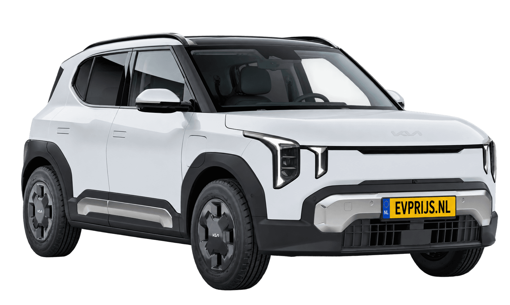 Kia EV2 in Deluxe White: Nederlands Kia-kleurbeeld (Earth, 16" velgen); AI-bewerking (vrijstaand); lak exact, uitvoering en velgen kunnen afwijken, beeld 5