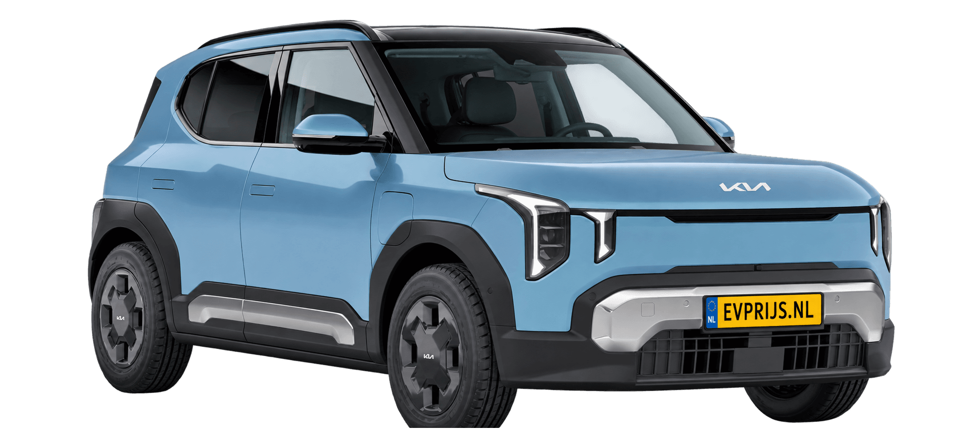 Kia EV2 in Frost Blue: Nederlands Kia-kleurbeeld (Earth, 16" velgen); AI-bewerking (vrijstaand); lak exact, uitvoering en velgen kunnen afwijken, beeld 8