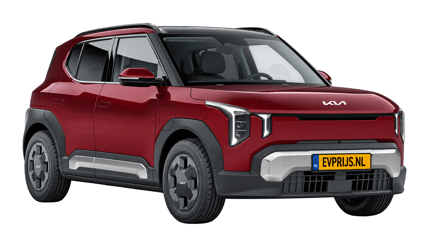 Kia EV2 in Magma Red: Nederlands Kia-kleurbeeld (Earth, 16" velgen); AI-bewerking (vrijstaand); lak exact, uitvoering en velgen kunnen afwijken, beeld 12