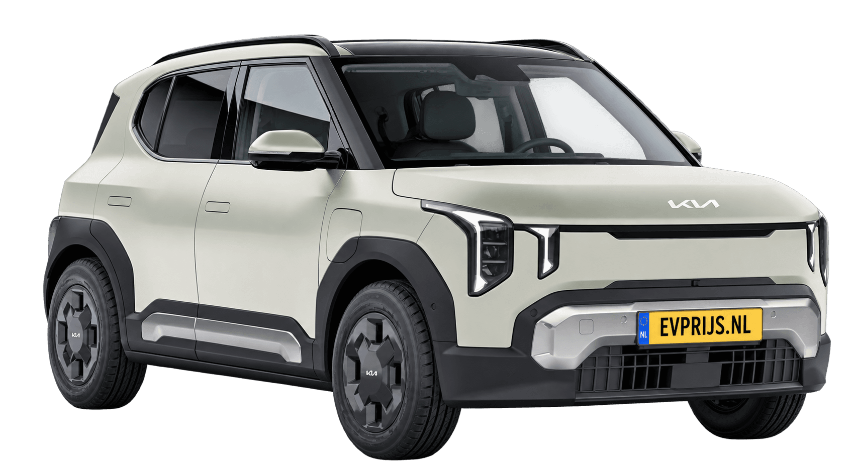 Kia EV2 in Matte Ivory Silver: Nederlands Kia-kleurbeeld (Earth, 16" velgen); AI-bewerking (vrijstaand); lak exact, uitvoering en velgen kunnen afwijken, beeld 10