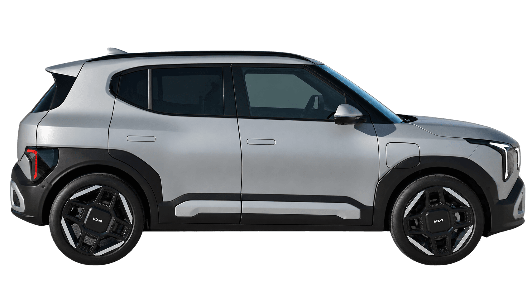 Kia EV2 zijaanzicht, vrijstaand AI-bewerkt modelbeeld; afgebeelde uitvoering GT-Line, gekozen lak, velgen en uitvoering niet volledig bevestigd, beeld 3