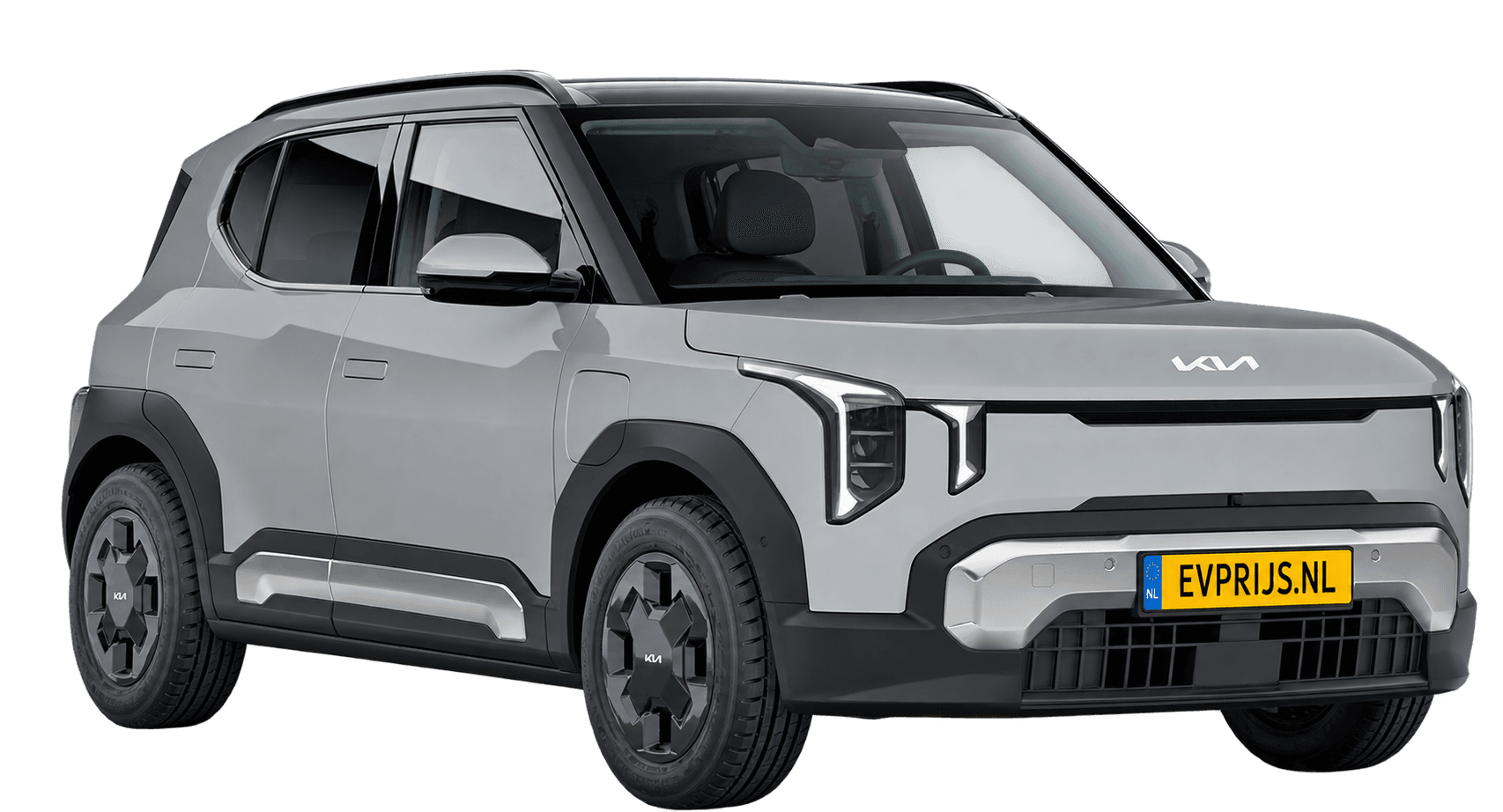 Kia EV2 in Wolf Grey: Nederlands Kia-kleurbeeld (Earth, 16" velgen); AI-bewerking (vrijstaand); lak exact, uitvoering en velgen kunnen afwijken, beeld 6
