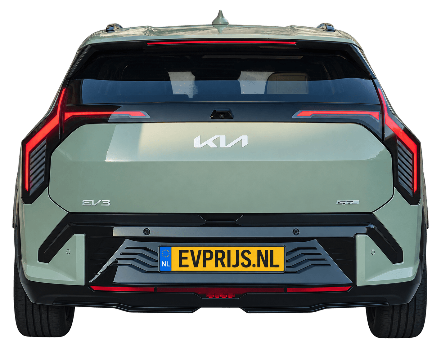 Kia EV3 achteraanzicht, vrijstaand AI-bewerkt modelbeeld; afgebeelde uitvoering GT-Line, gekozen lak, velgen en uitvoering niet volledig bevestigd, beeld 3