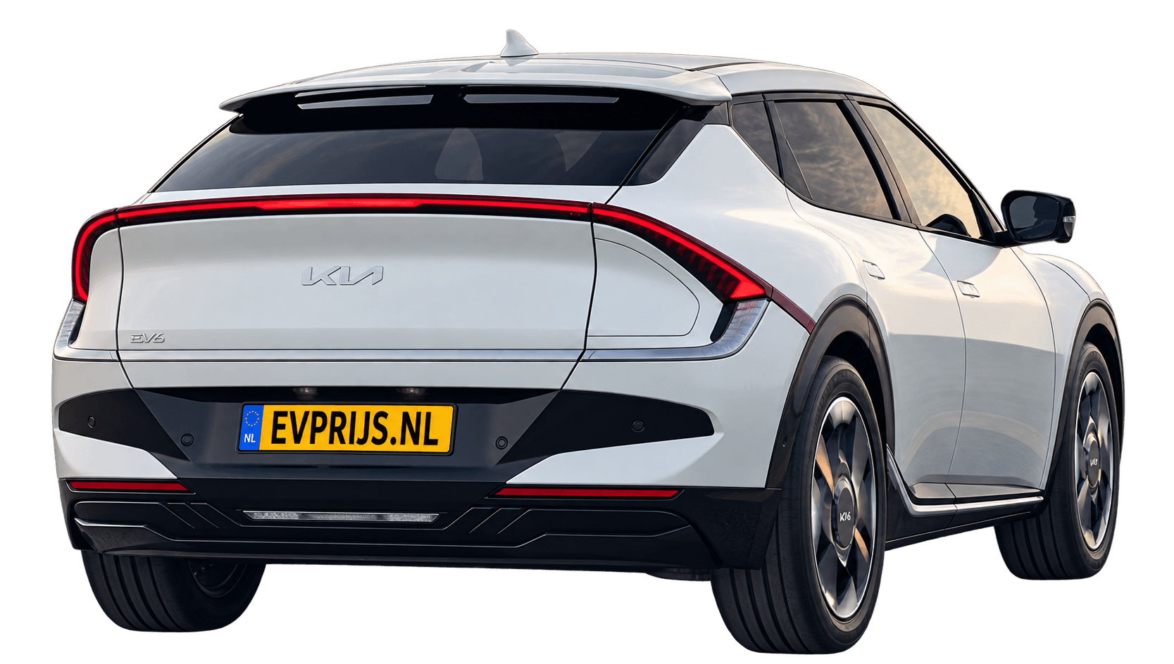 Kia EV6 achteraanzicht, vrijstaand AI-bewerkt modelbeeld; gekozen lak, velgen en uitvoering niet volledig bevestigd, beeld 3