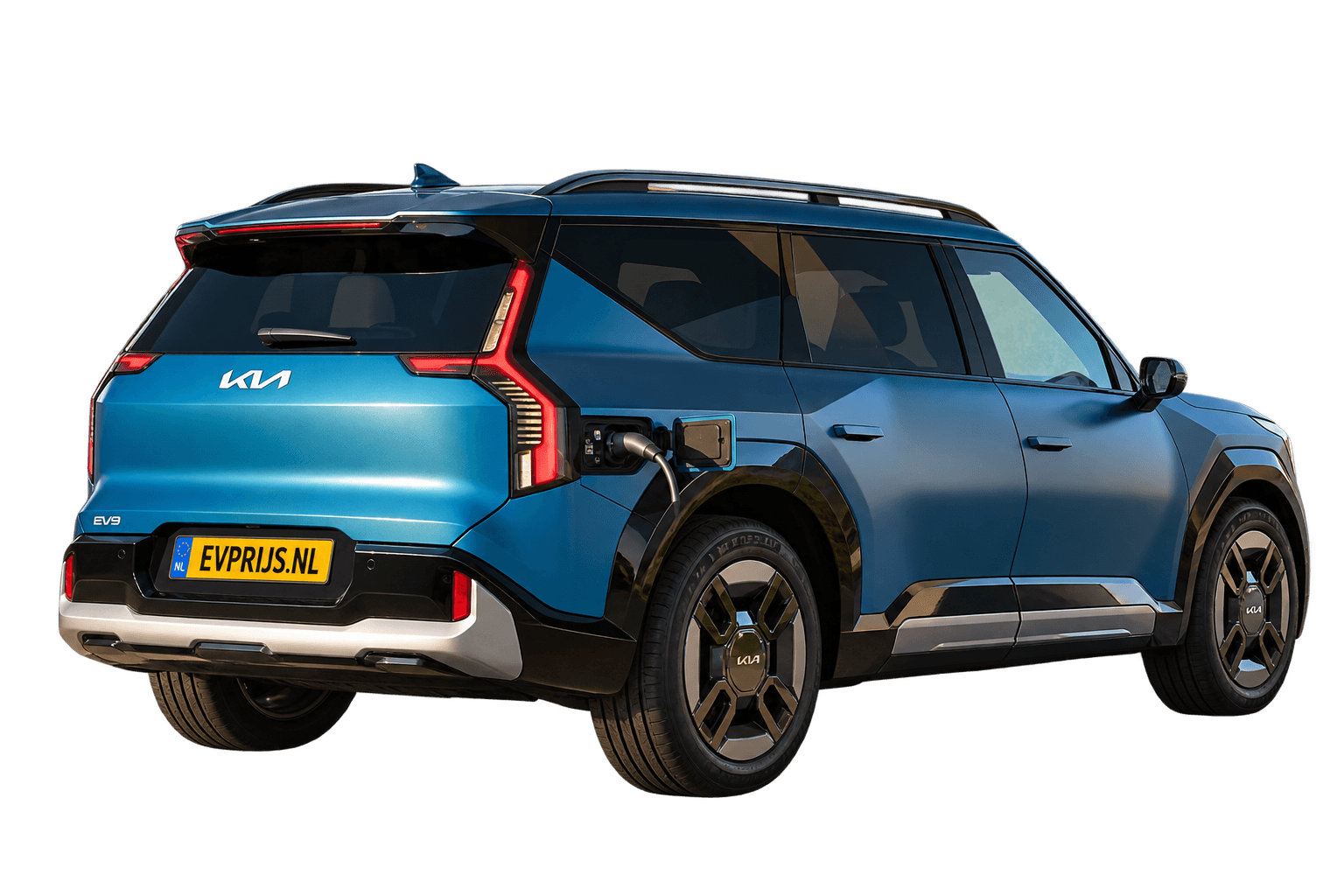 Kia EV9 achteraanzicht, vrijstaand AI-bewerkt modelbeeld; gekozen lak, velgen en uitvoering niet volledig bevestigd, beeld 3