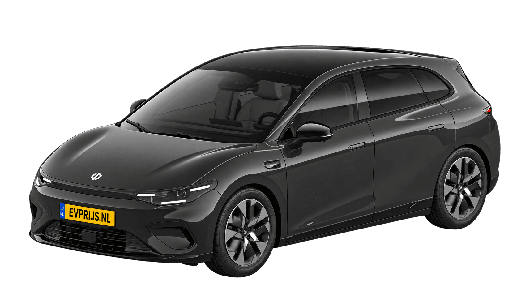 AI-bewerking (Imagegen) van officieel Leapmotor-beeld: B05 voor-/zijaanzicht in Metallic Black (configurator B05 (versie B0599R1UEULSCDJ), afbeelding B05_0KL_DESIGN.png); velgen en details kunnen per uitvoering afwijken, beeld 3