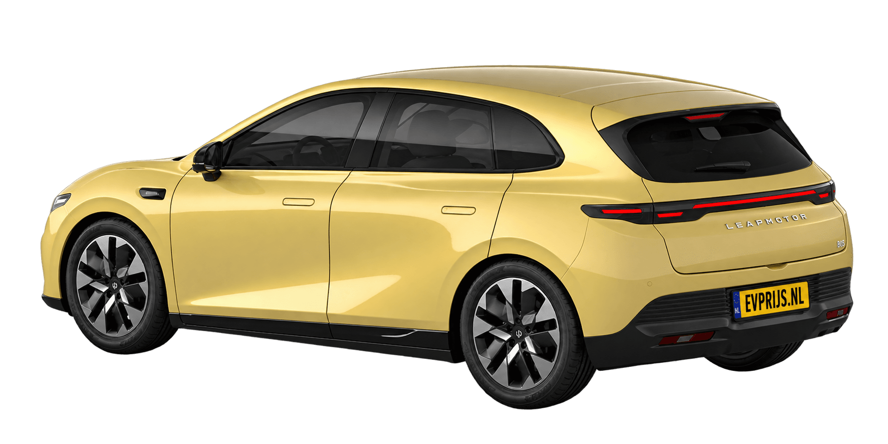 AI-bewerking (Imagegen) van officieel Leapmotor-beeld: B05 achter-/zijaanzicht in Lightning Yellow (modelpagina B05 (kleurenkiezer, hoek 3: achter-/zijaanzicht, Lightning Yellow)); velgen en details kunnen per uitvoering afwijken, beeld 2