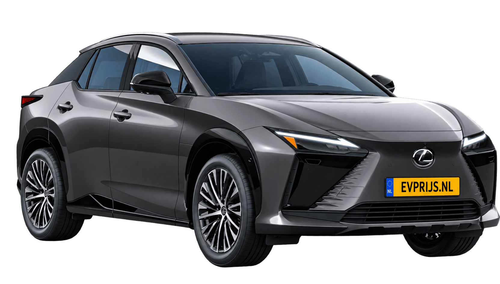 AI-bewerking (Imagegen) van officiële Lexus-configuratorrender: Lexus RZ voor-/zijaanzicht in Sonic Grey metallic (configuratorrender Executive Line 350e FWD, aanzicht 3); velgen en details kunnen per uitvoering afwijken, beeld 4