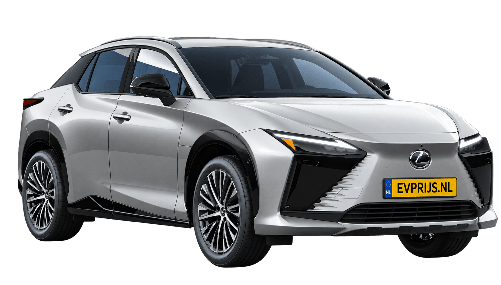 AI-bewerking (Imagegen) van officiële Lexus-configuratorrender: Lexus RZ voor-/zijaanzicht in Sonic Platinum metallic (configuratorrender Executive Line 350e FWD, aanzicht 3); velgen en details kunnen per uitvoering afwijken, beeld 6