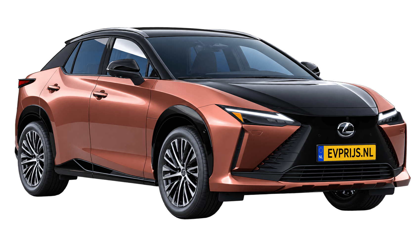 AI-bewerking (Imagegen) van officiële Lexus-configuratorrender: Lexus RZ voor-/zijaanzicht in Sonic Copper bi-tone met Astral Black (configuratorrender Executive Line 350e FWD, aanzicht 3); velgen en details kunnen per uitvoering afwijken, beeld 9