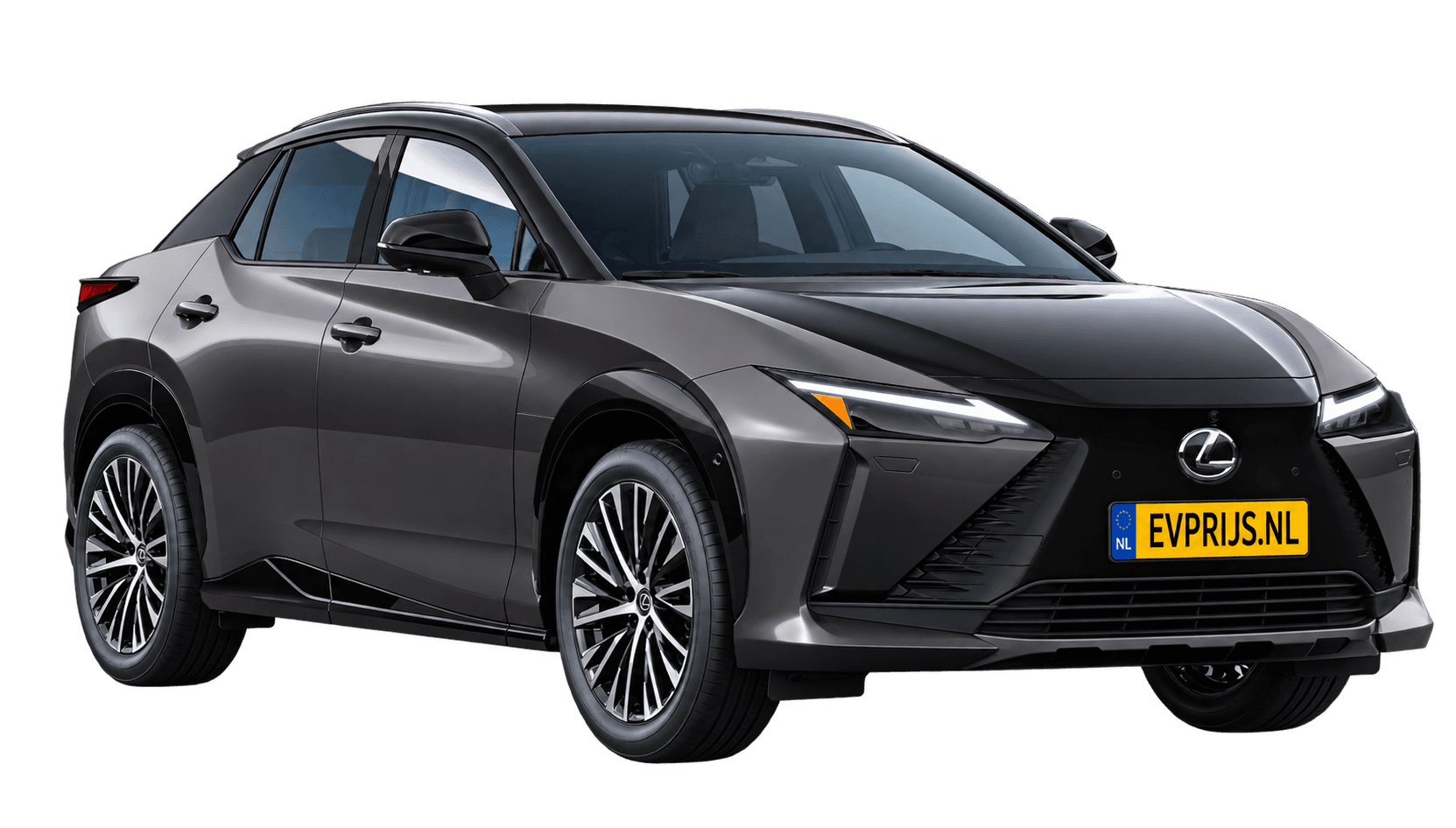 AI-bewerking (Imagegen) van officiële Lexus-configuratorrender: Lexus RZ voor-/zijaanzicht in Sonic Grey metallic bi-tone met Astral Black (configuratorrender Executive Line 350e FWD, aanzicht 3); velgen en details kunnen per uitvoering afwijken, beeld 5