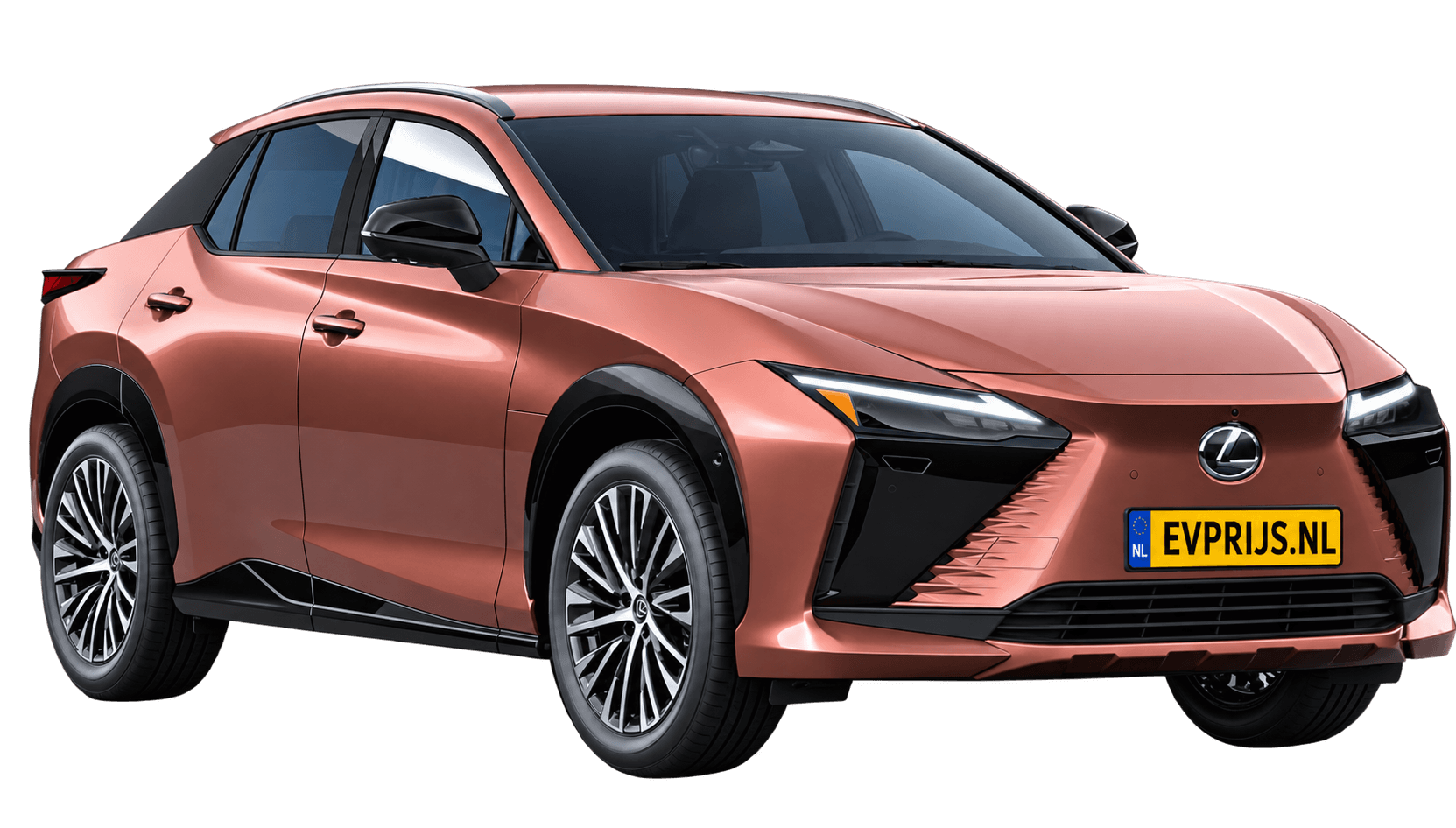 AI-bewerking (Imagegen) van officiële Lexus-configuratorrender: Lexus RZ voor-/zijaanzicht in Sonic Copper (configuratorrender Executive Line 350e FWD, aanzicht 3); velgen en details kunnen per uitvoering afwijken, beeld 8