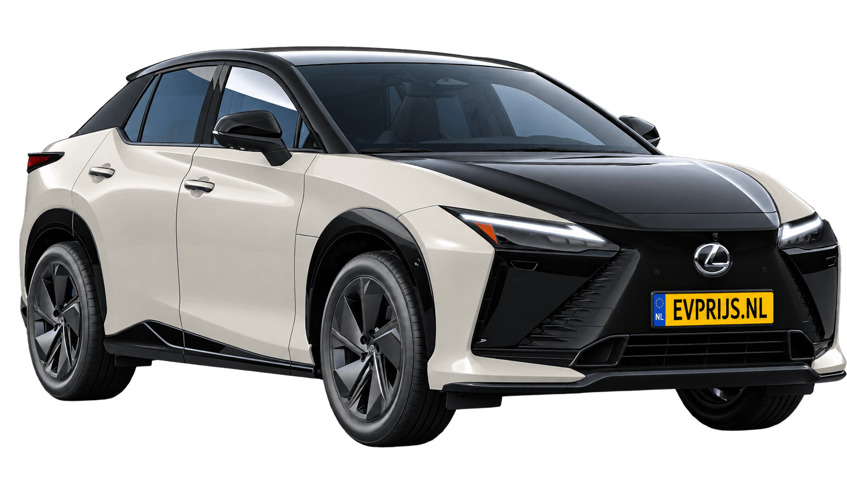 AI-bewerking (Imagegen) van officiële Lexus-configuratorrender: Lexus RZ voor-/zijaanzicht in Neutrino Grey metallic bi-tone met Astral Black (configuratorrender F SPORT 550e AWD, aanzicht 3); velgen en details kunnen per uitvoering afwijken, beeld 13