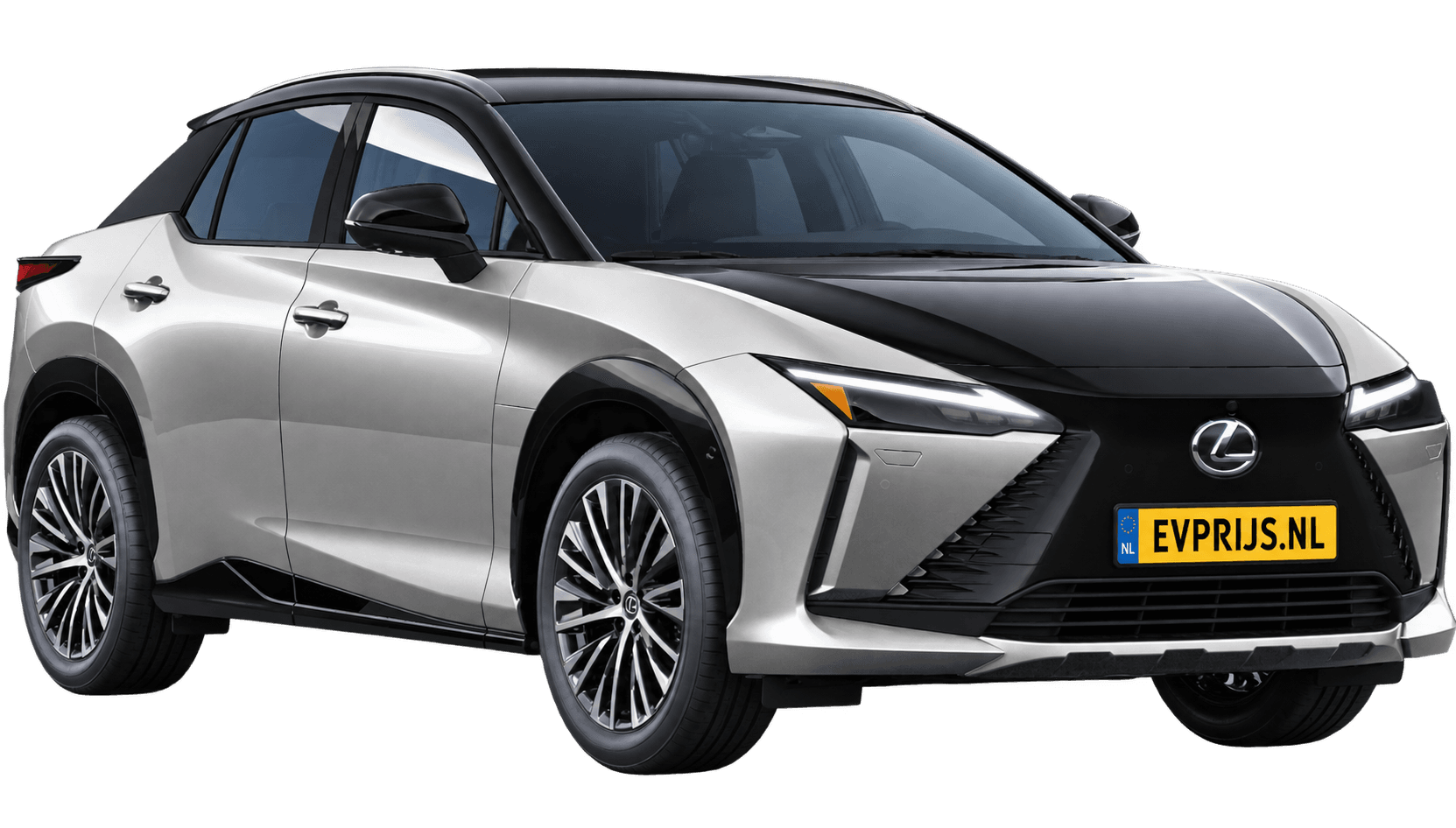 AI-bewerking (Imagegen) van officiële Lexus-configuratorrender: Lexus RZ voor-/zijaanzicht in Sonic Platinum metallic bi-tone met Astral Black (configuratorrender Executive Line 350e FWD, aanzicht 3); velgen en details kunnen per uitvoering afwijken, beeld 7
