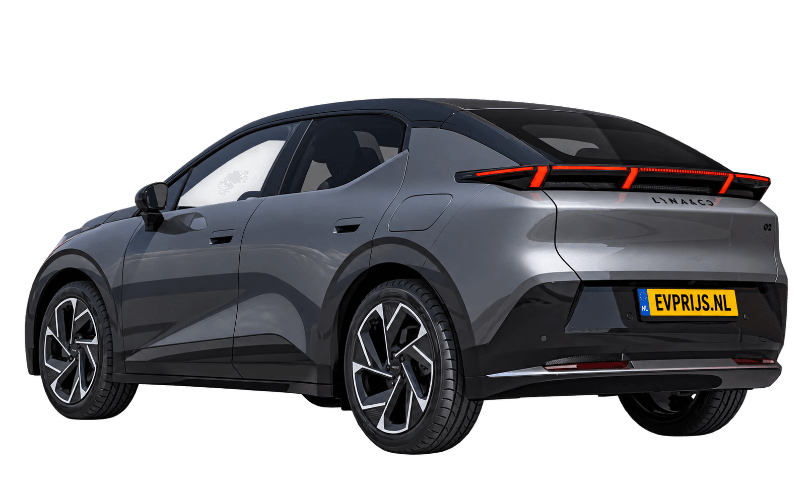 AI-bewerking (Imagegen) van officieel Lynk & Co-beeld: 02 More achter-/zijaanzicht in Grid Gray (configurator Lynk & Co 02 (uitrusting More, 20-inch velgen), ExteriorRear34), beeld 6