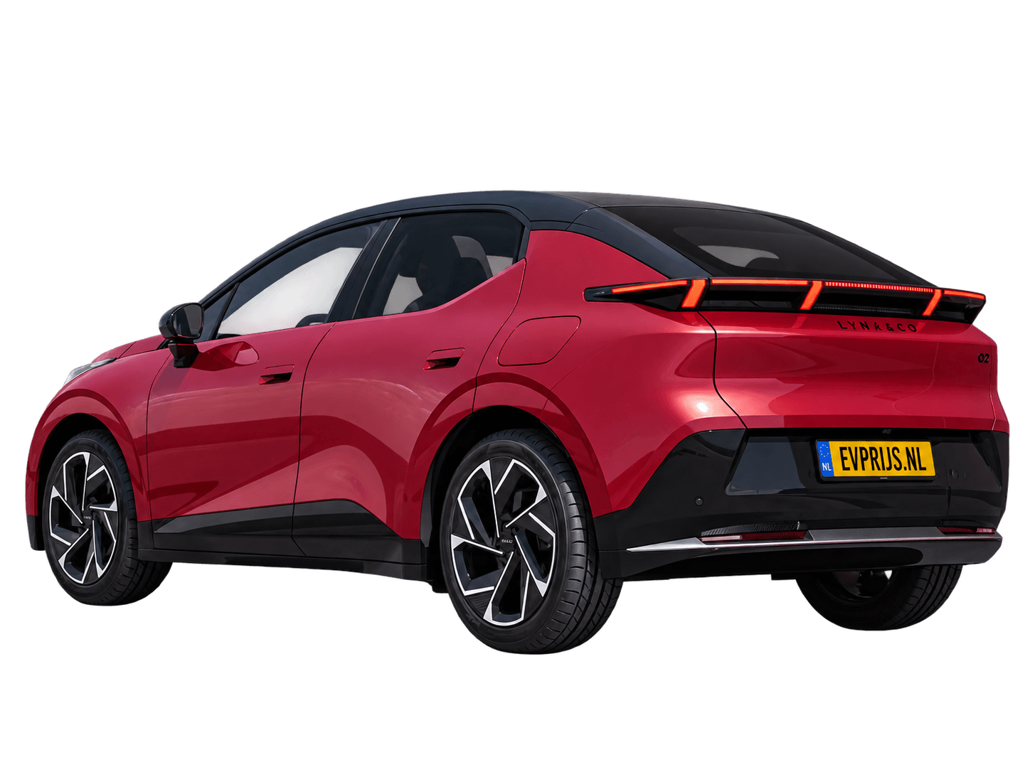 AI-bewerking (Imagegen) van officieel Lynk & Co-beeld: 02 More achter-/zijaanzicht in Techno Magenta (configurator Lynk & Co 02 (uitrusting More, 20-inch velgen), ExteriorRear34), beeld 2