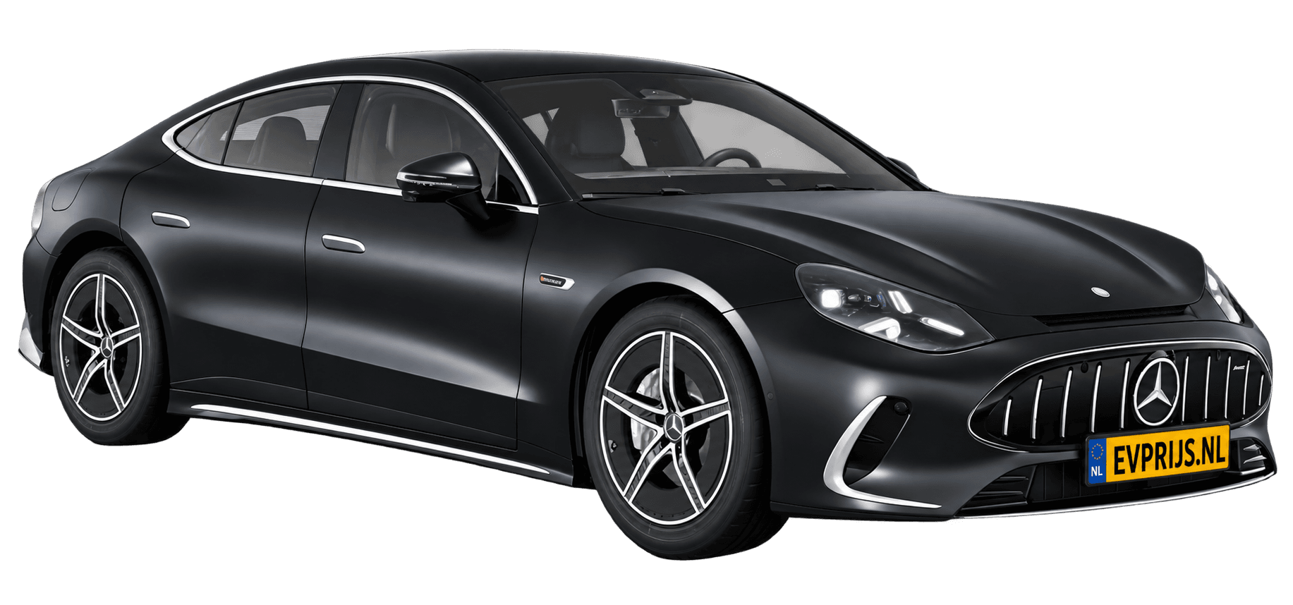 AI-bewerking (Imagegen) van officieel Mercedes-Benz-configuratorbeeld: Mercedes-AMG GT 4-Deurs Coupé voor-/zijaanzicht in Nachtzwart magno (configuratie Mercedes-AMG GT 53 4-Deur Coupé); uitvoering en velgen kunnen afwijken, beeld 3
