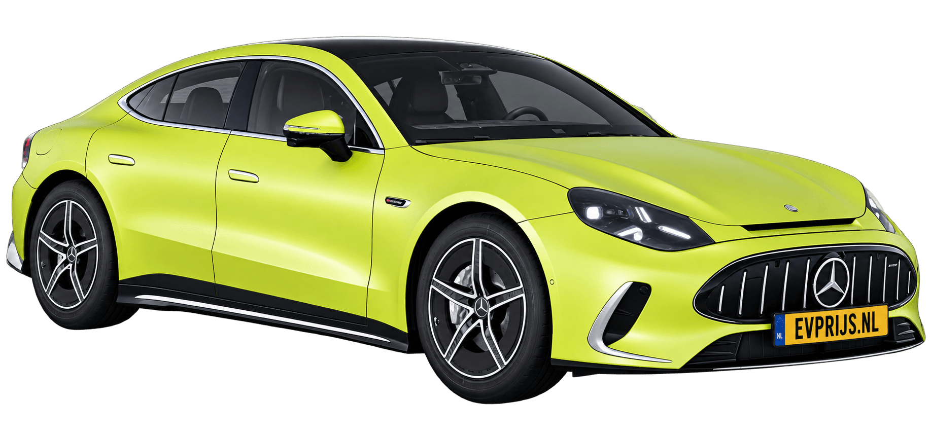 AI-bewerking (Imagegen) van officieel Mercedes-Benz-configuratorbeeld: Mercedes-AMG GT 4-Deurs Coupé voor-/zijaanzicht in Zonnig limoengroen magno (configuratie Mercedes-AMG GT 53 4-Deur Coupé); uitvoering en velgen kunnen afwijken, beeld 4