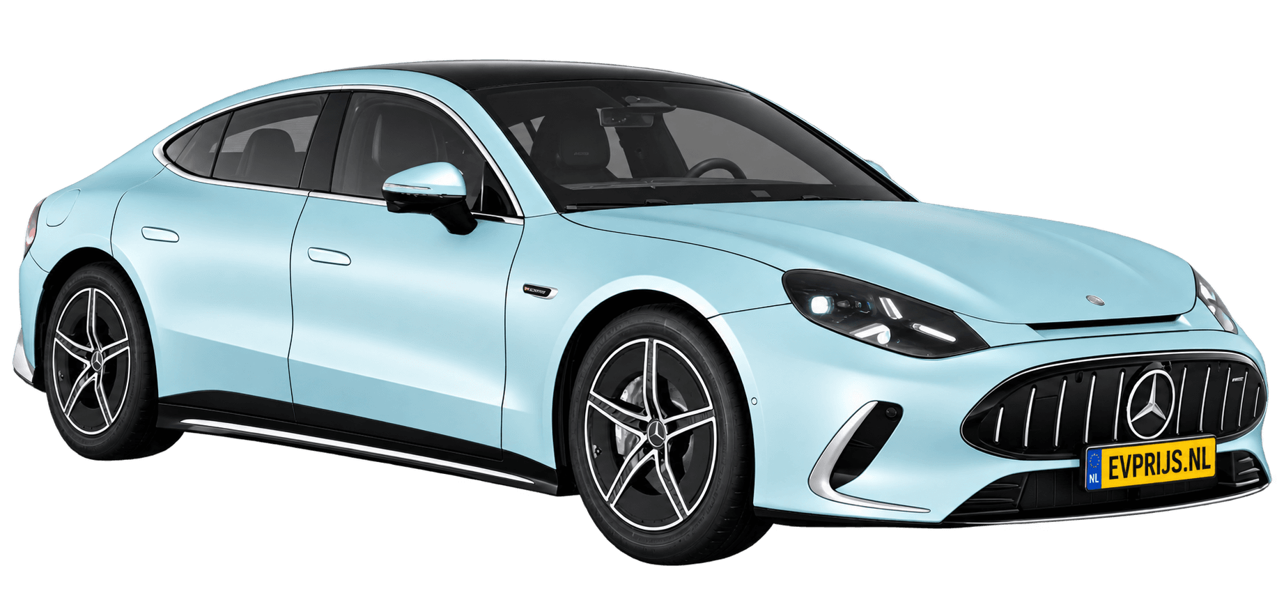 AI-bewerking (Imagegen) van officieel Mercedes-Benz-configuratorbeeld: Mercedes-AMG GT 4-Deurs Coupé voor-/zijaanzicht in Engelblauw magno (configuratie Mercedes-AMG GT 53 4-Deur Coupé); uitvoering en velgen kunnen afwijken, beeld 5