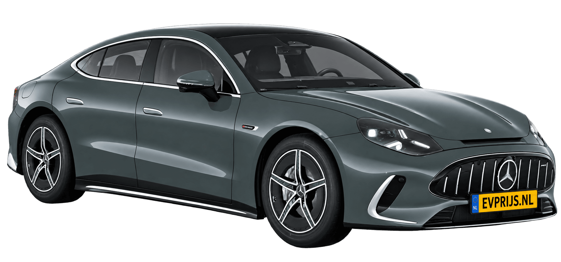 AI-bewerking (Imagegen) van officieel Mercedes-Benz-configuratorbeeld: Mercedes-AMG GT 4-Deurs Coupé voor-/zijaanzicht in Siliciumgrijs uni (configuratie Mercedes-AMG GT 53 4-Deur Coupé); uitvoering en velgen kunnen afwijken, beeld 6