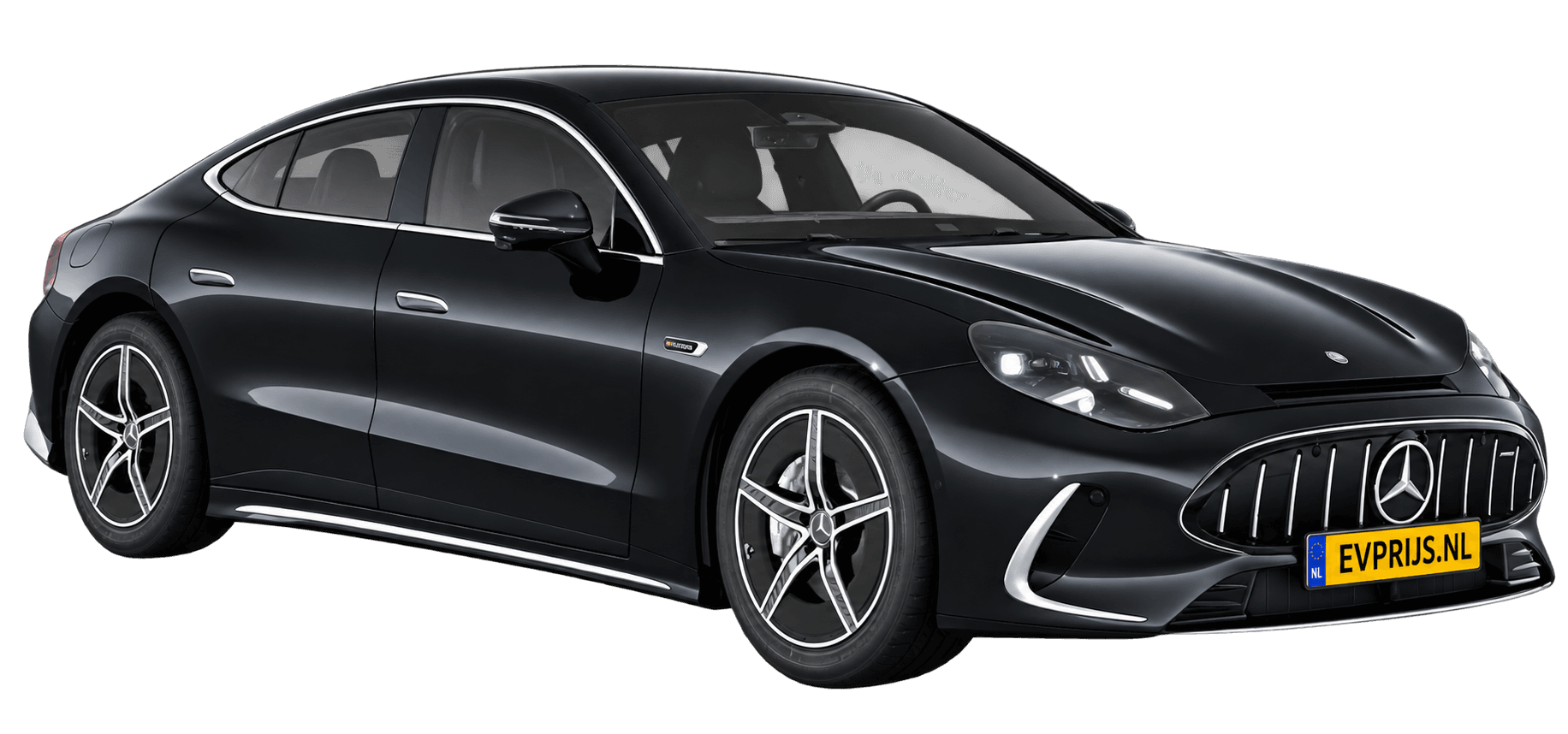 AI-bewerking (Imagegen) van officieel Mercedes-Benz-configuratorbeeld: Mercedes-AMG GT 4-Deurs Coupé voor-/zijaanzicht in Obsidiaanzwart (configuratie Mercedes-AMG GT 53 4-Deur Coupé); uitvoering en velgen kunnen afwijken, beeld 7