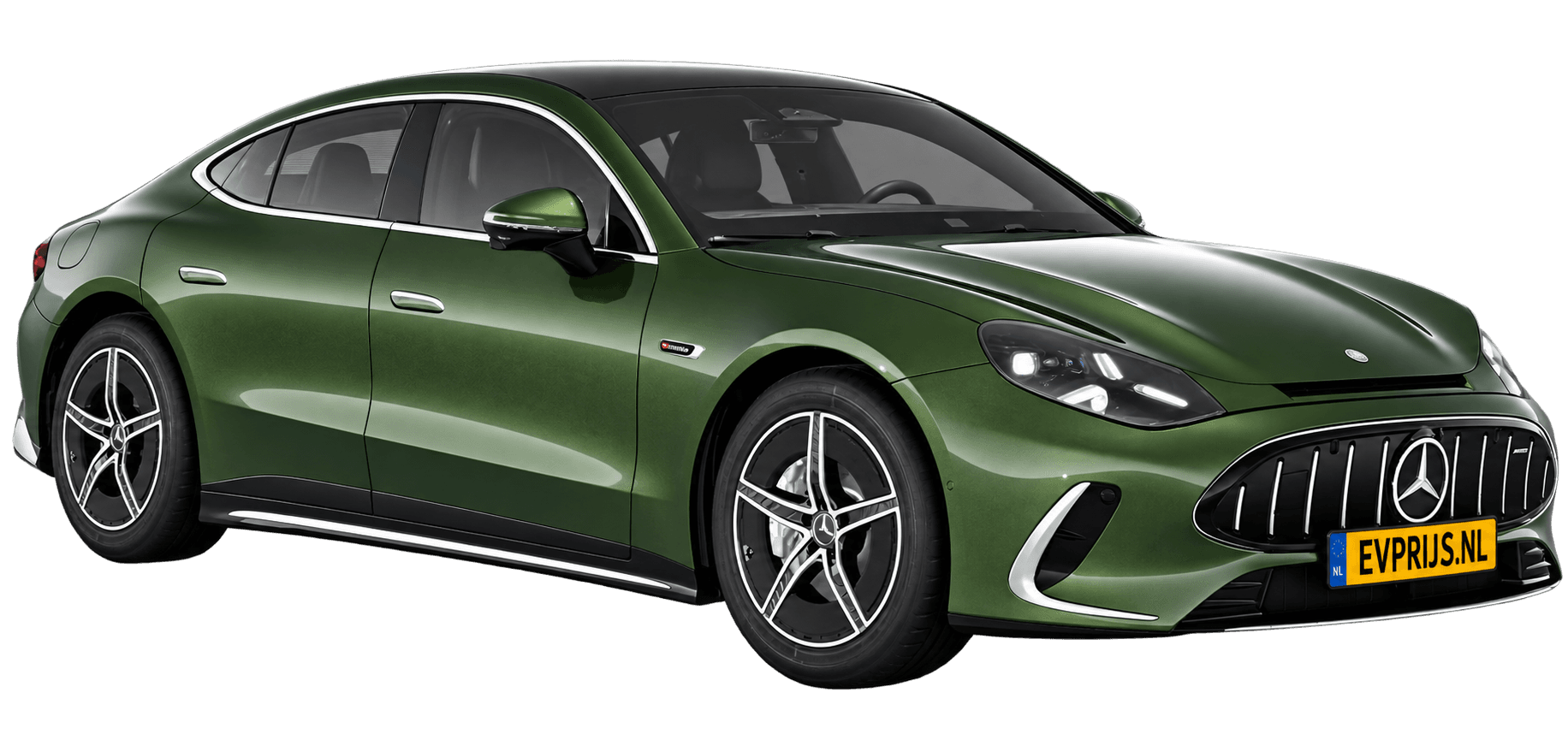 AI-bewerking (Imagegen) van officieel Mercedes-Benz-configuratorbeeld: Mercedes-AMG GT 4-Deurs Coupé voor-/zijaanzicht in Olijf (configuratie Mercedes-AMG GT 53 4-Deur Coupé); uitvoering en velgen kunnen afwijken, beeld 8