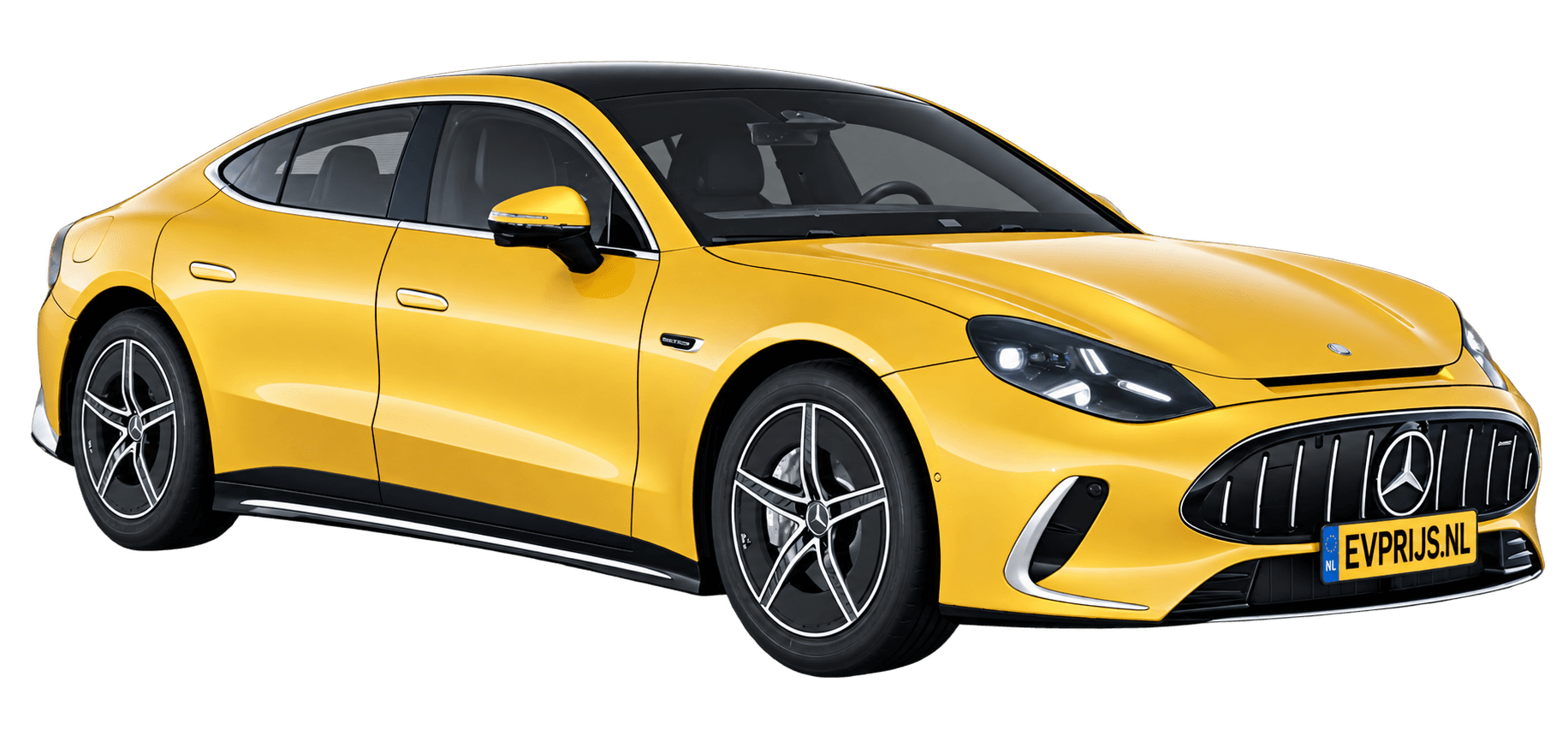AI-bewerking (Imagegen) van officieel Mercedes-Benz-configuratorbeeld: Mercedes-AMG GT 4-Deurs Coupé voor-/zijaanzicht in Solarbeam (configuratie Mercedes-AMG GT 53 4-Deur Coupé); uitvoering en velgen kunnen afwijken; kleurverzadiging kan afwijken, beeld 9