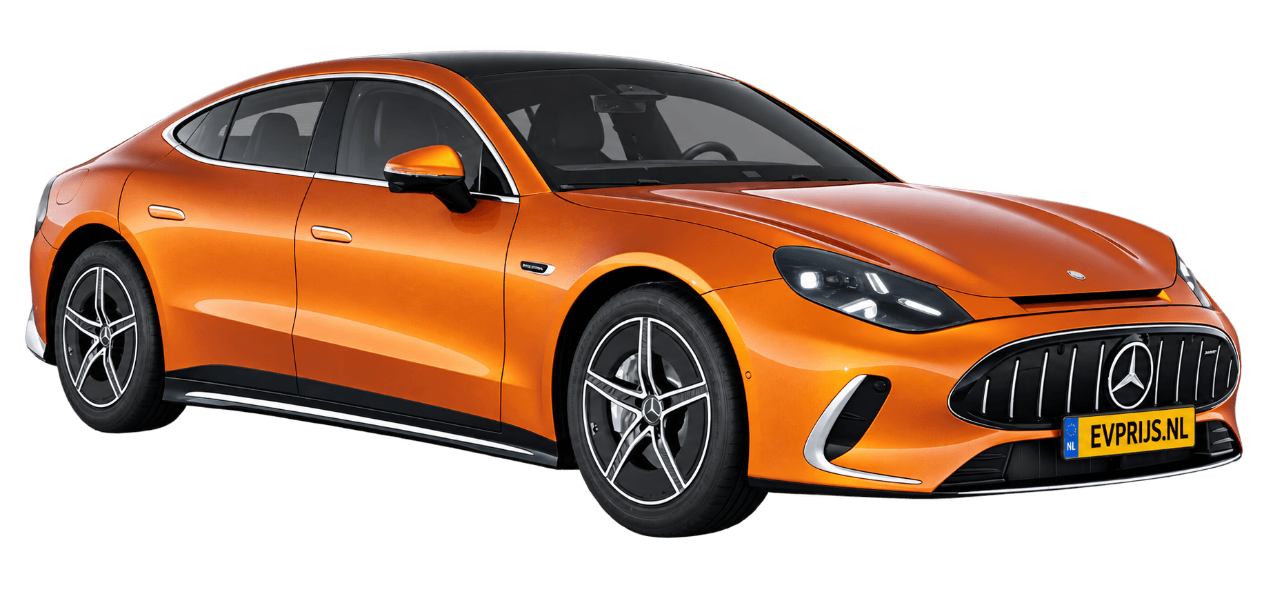 AI-bewerking (Imagegen) van officieel Mercedes-Benz-configuratorbeeld: Mercedes-AMG GT 4-Deurs Coupé voor-/zijaanzicht in Orangeflame (configuratie Mercedes-AMG GT 53 4-Deur Coupé); uitvoering en velgen kunnen afwijken; kleurverzadiging kan afwijken, beeld 10