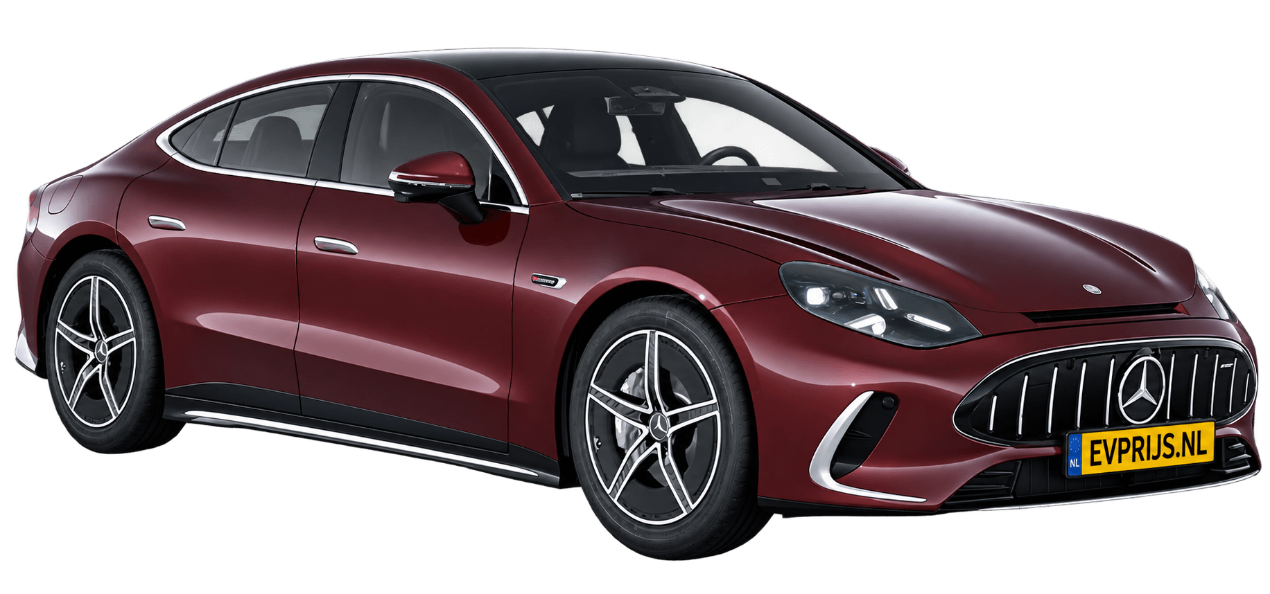 AI-bewerking (Imagegen) van officieel Mercedes-Benz-configuratorbeeld: Mercedes-AMG GT 4-Deurs Coupé voor-/zijaanzicht in Rubellietrood (configuratie Mercedes-AMG GT 53 4-Deur Coupé); uitvoering en velgen kunnen afwijken; kleurverzadiging kan afwijken, beeld 12