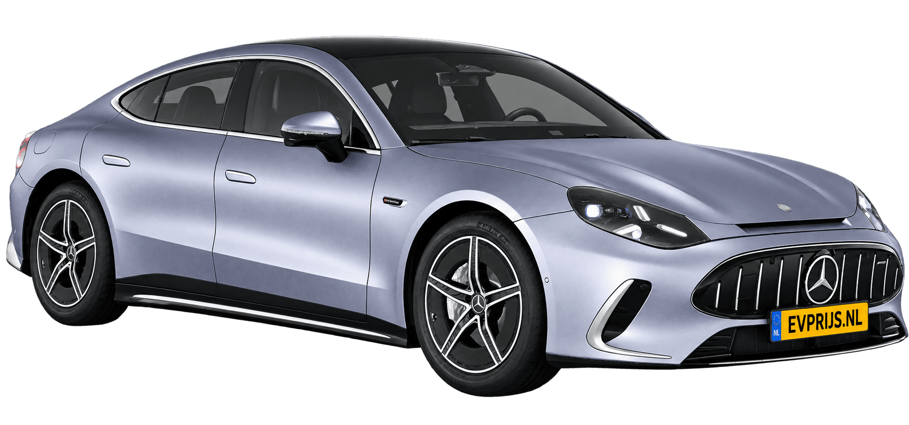 AI-bewerking (Imagegen) van officieel Mercedes-Benz-configuratorbeeld: Mercedes-AMG GT 4-Deurs Coupé voor-/zijaanzicht in Miamizilver magno (configuratie Mercedes-AMG GT 53 4-Deur Coupé); uitvoering en velgen kunnen afwijken, beeld 13