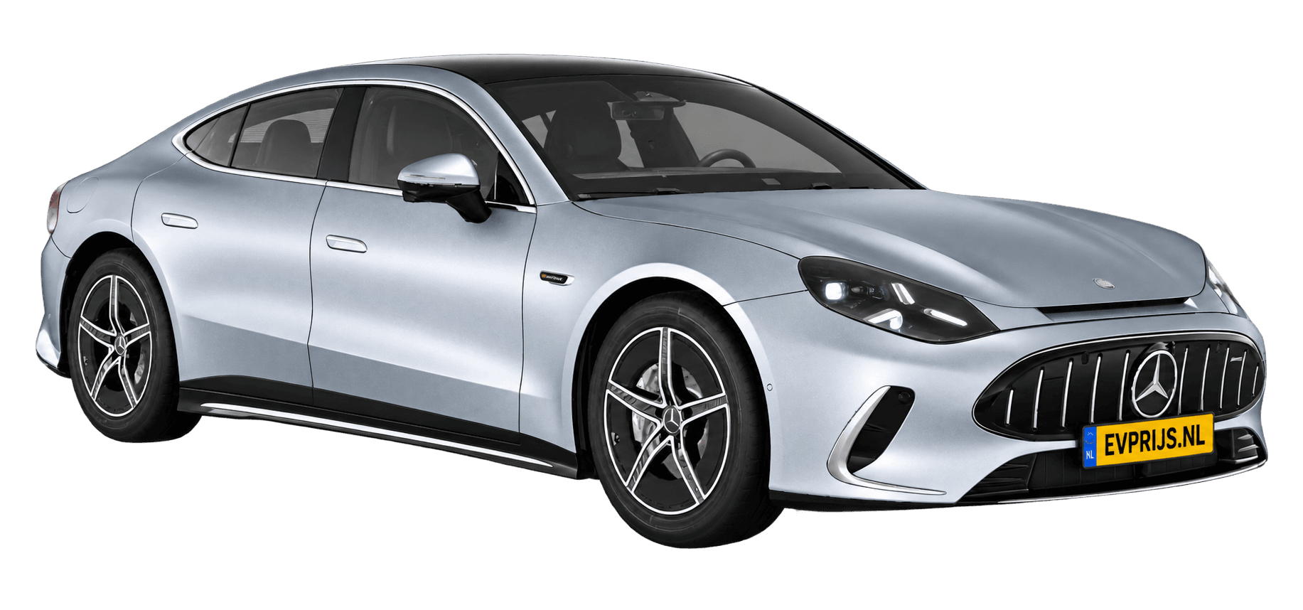 AI-bewerking (Imagegen) van officieel Mercedes-Benz-configuratorbeeld: Mercedes-AMG GT 4-Deurs Coupé voor-/zijaanzicht in Hightechzilver magno (configuratie Mercedes-AMG GT 53 4-Deur Coupé); uitvoering en velgen kunnen afwijken, beeld 15