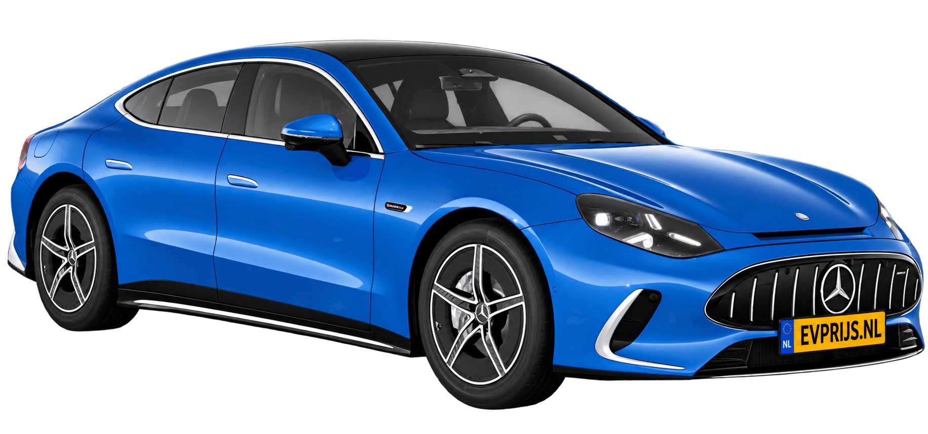 AI-bewerking (Imagegen) van officieel Mercedes-Benz-configuratorbeeld: Mercedes-AMG GT 4-Deurs Coupé voor-/zijaanzicht in Helderblauw (configuratie Mercedes-AMG GT 53 4-Deur Coupé); uitvoering en velgen kunnen afwijken; kleurverzadiging kan afwijken, beeld 16