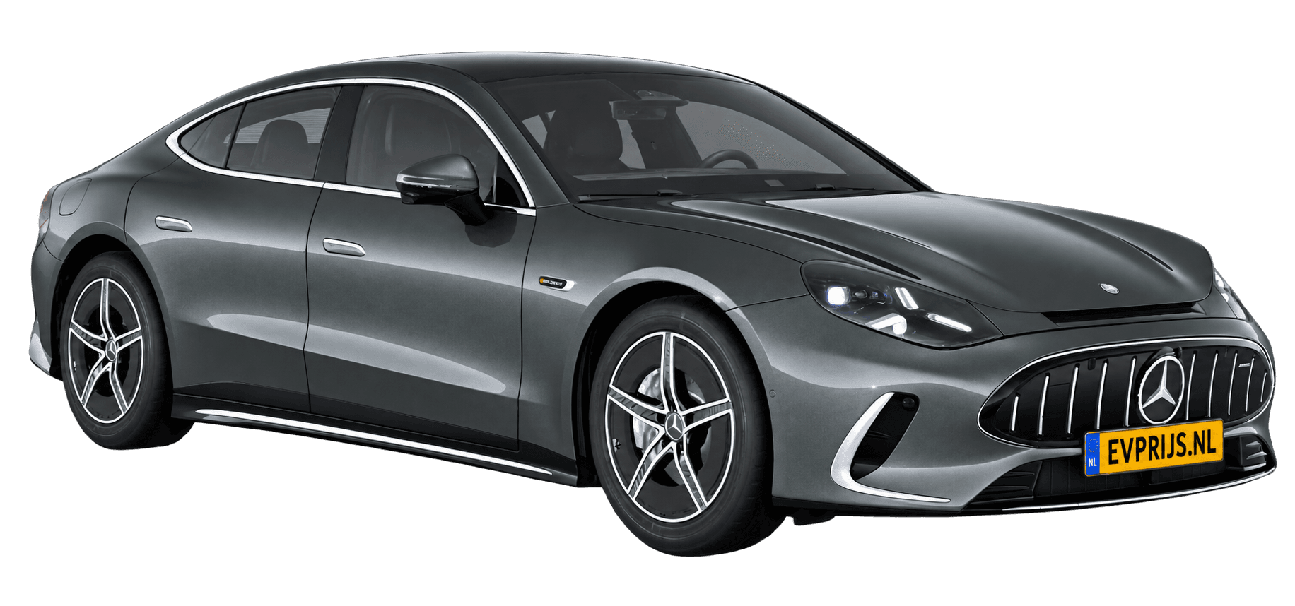 AI-bewerking (Imagegen) van officieel Mercedes-Benz-configuratorbeeld: Mercedes-AMG GT 4-Deurs Coupé voor-/zijaanzicht in Grafietgrijs (configuratie Mercedes-AMG GT 53 4-Deur Coupé); uitvoering en velgen kunnen afwijken, beeld 18