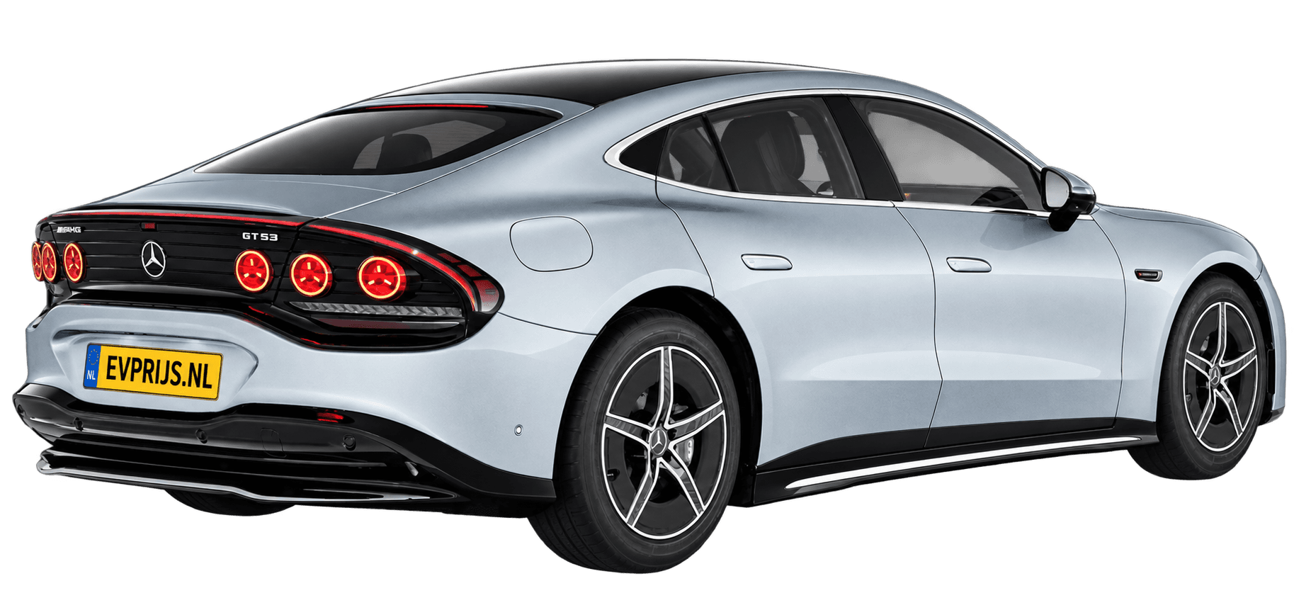 AI-bewerking (Imagegen) van officieel Mercedes-Benz-configuratorbeeld: Mercedes-AMG GT 4-Deurs Coupé achter-/zijaanzicht in Hightechzilver (configuratie Mercedes-AMG GT 53 4-Deur Coupé); uitvoering en velgen kunnen afwijken, beeld 2