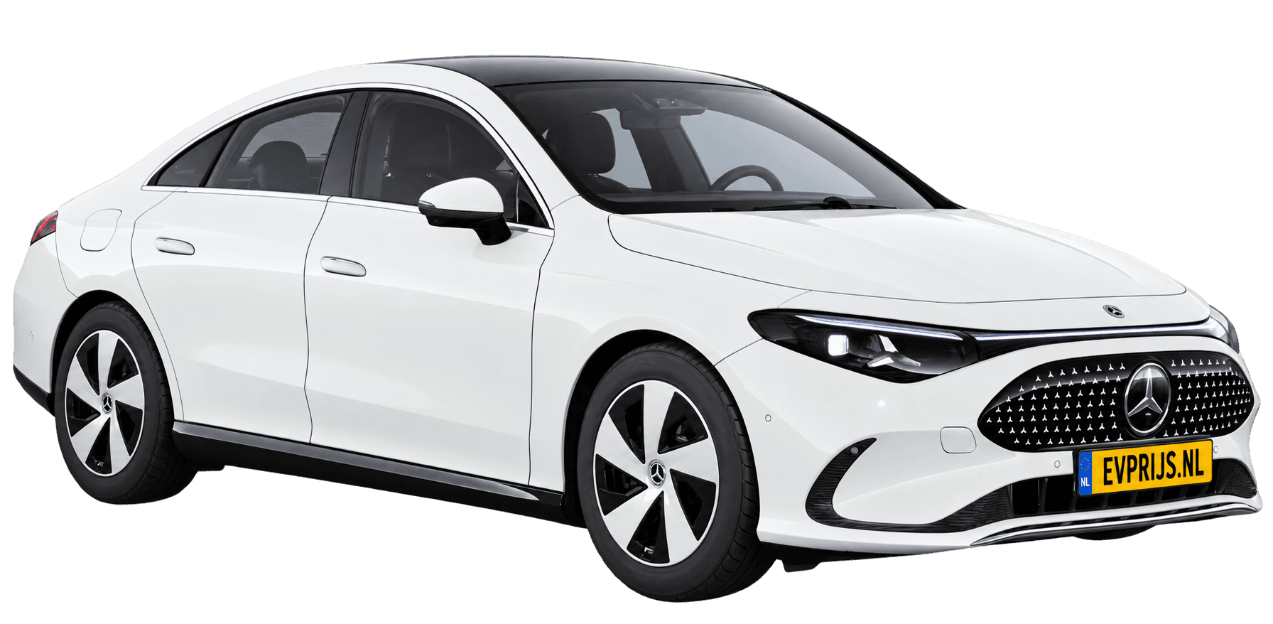 AI-bewerking (Imagegen) van officieel Mercedes-Benz-configuratorbeeld: CLA voor-/zijaanzicht in Poolwit (configuratie CLA 200 Business Solution electric); uitvoering en velgen kunnen afwijken, beeld 3
