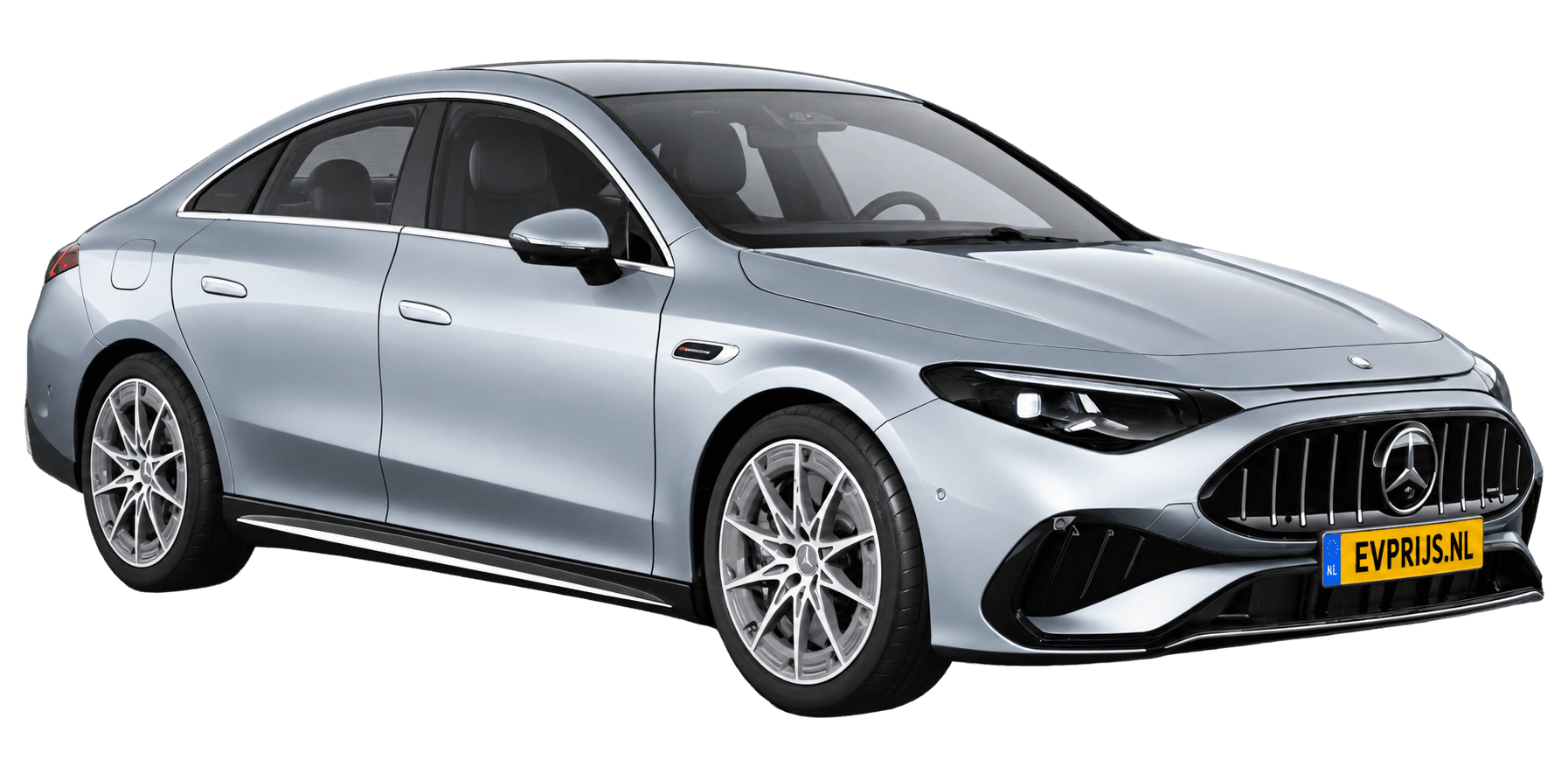 AI-bewerking (Imagegen) van officieel Mercedes-Benz-configuratorbeeld: Mercedes-AMG CLA 45 4MATIC+ electric voor-/zijaanzicht in Hightechzilver metaalkleur (modelcode undefined); velgen en opties kunnen per uitvoering afwijken, beeld 4