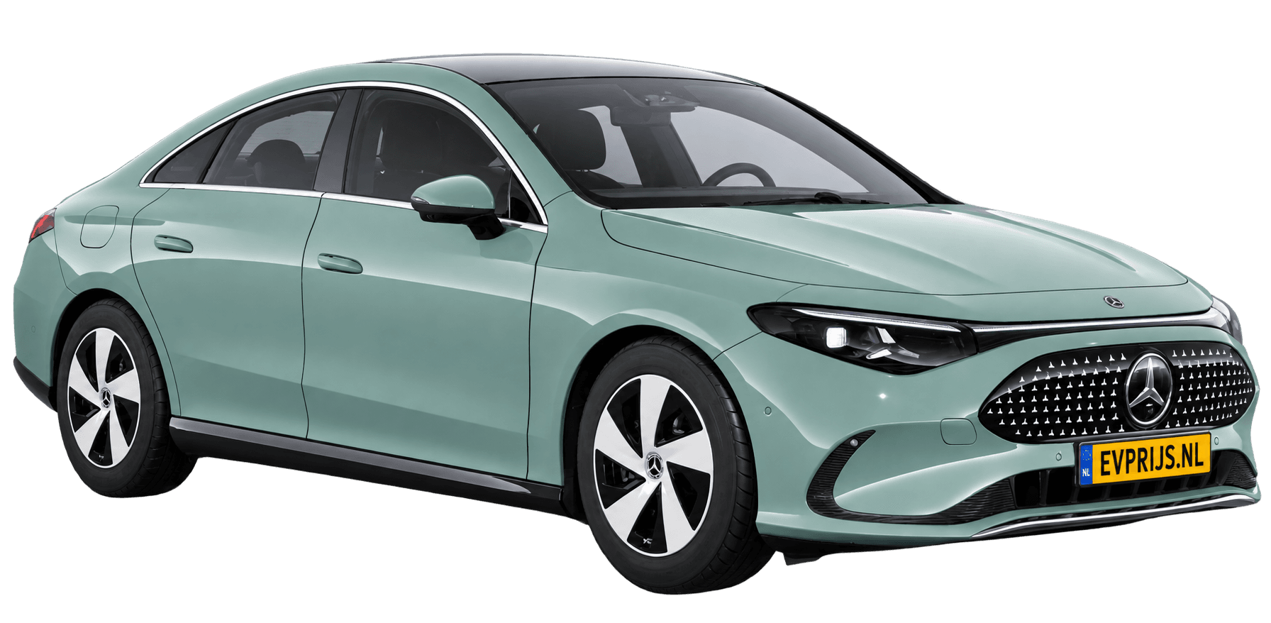 AI-bewerking (Imagegen) van officieel Mercedes-Benz-configuratorbeeld: CLA voor-/zijaanzicht in Aquamarijn (configuratie CLA 200 Business Solution electric); uitvoering en velgen kunnen afwijken, beeld 5